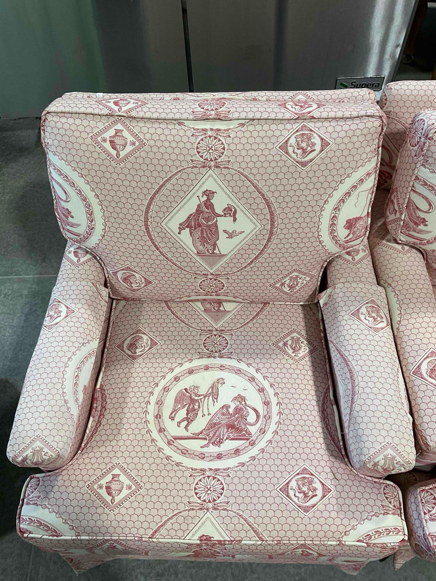 Pair of Kepler's Red & White Upholstered Arm Chairs w/ Neoclassical Motif. Good Condition. - 7