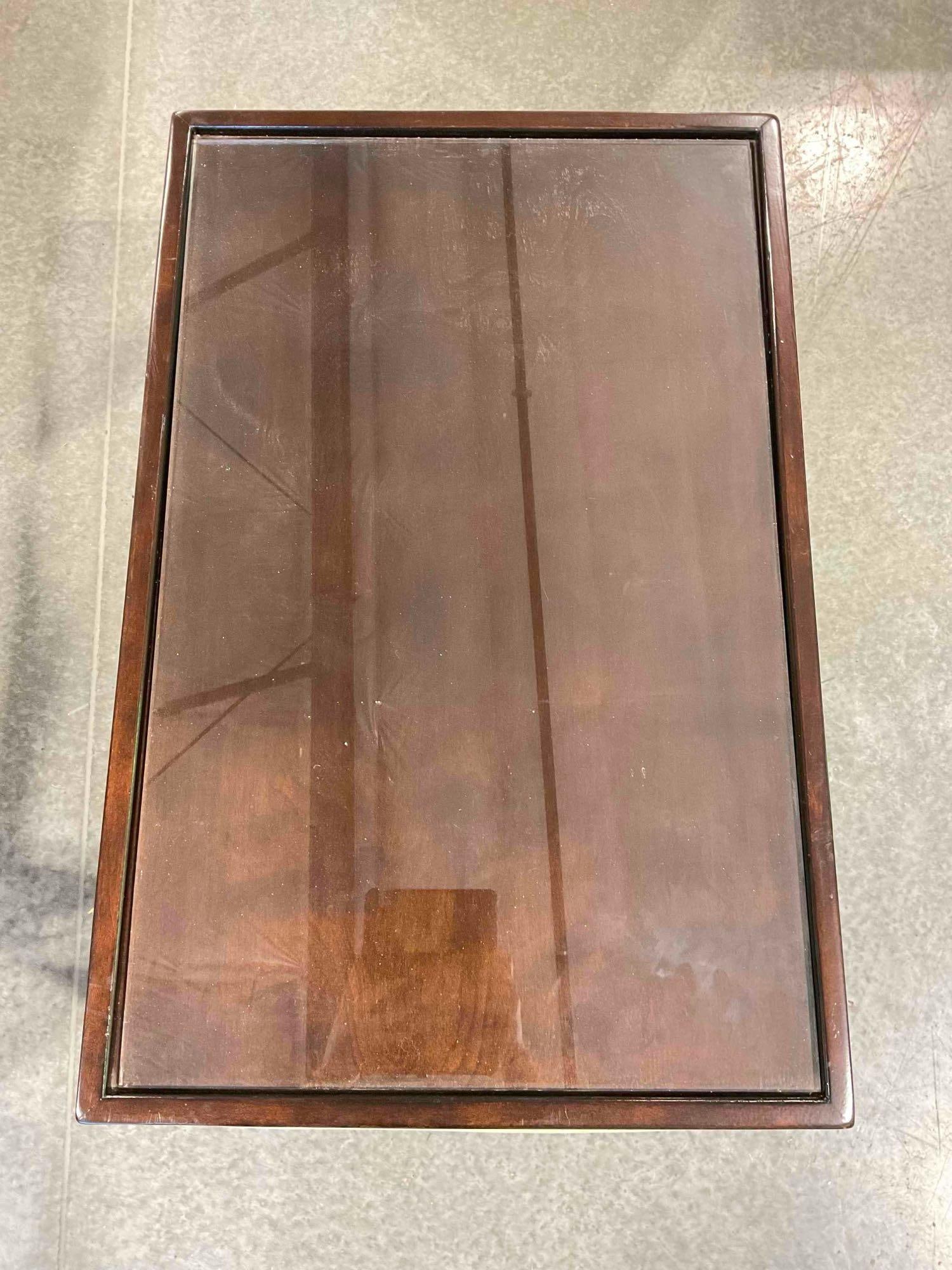 Modern Glass Topped Coffee Table w/ Wood & Cream Vinyl Base. Measures 35" x 23" x 17" - 2