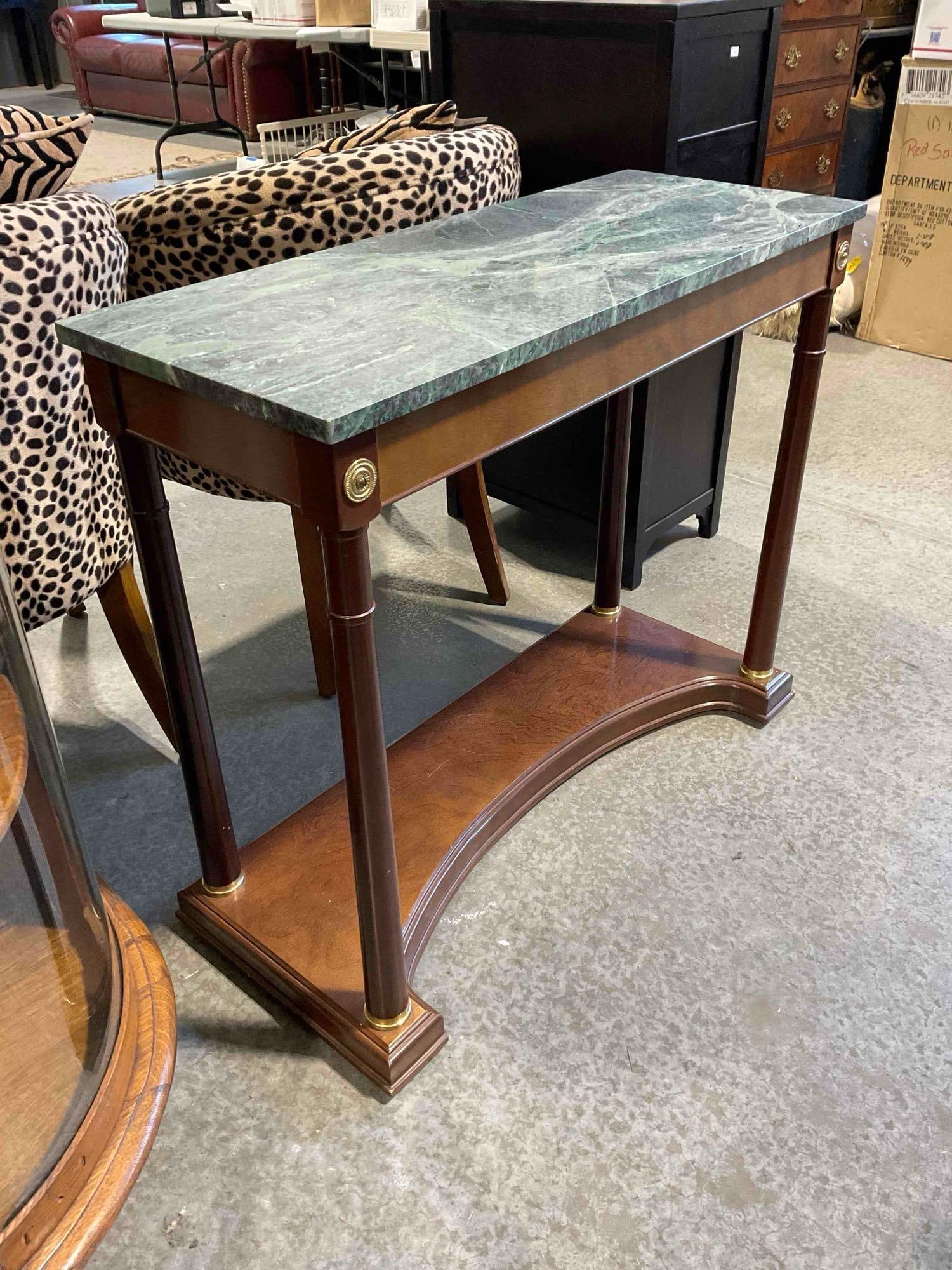 Handsome Vintage Mahogany Console Table w/ Green Marble Top. Measures 35" x 14" x 30" - 2