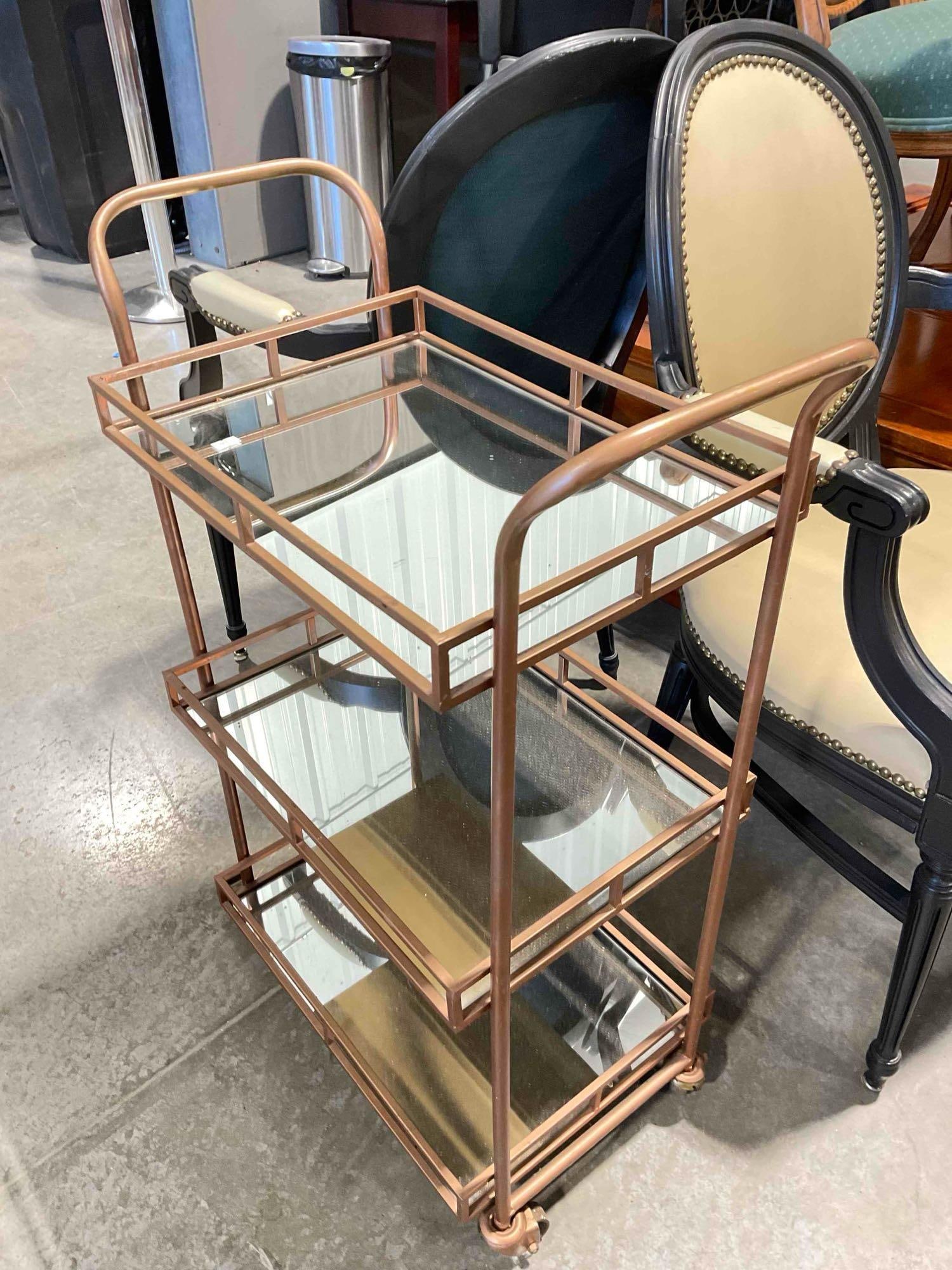 Modern Bronze Painted Metal Tea Cart w/ 3 Mirrored Tiers. Good Condition - 2