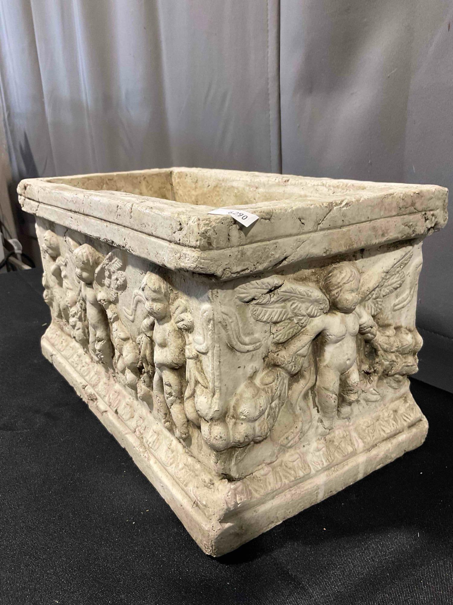 Modern Ceramic Neoclassical Marble Sarcophagus Style Planter Pot w/ Erotes (Putti) Design. - 2