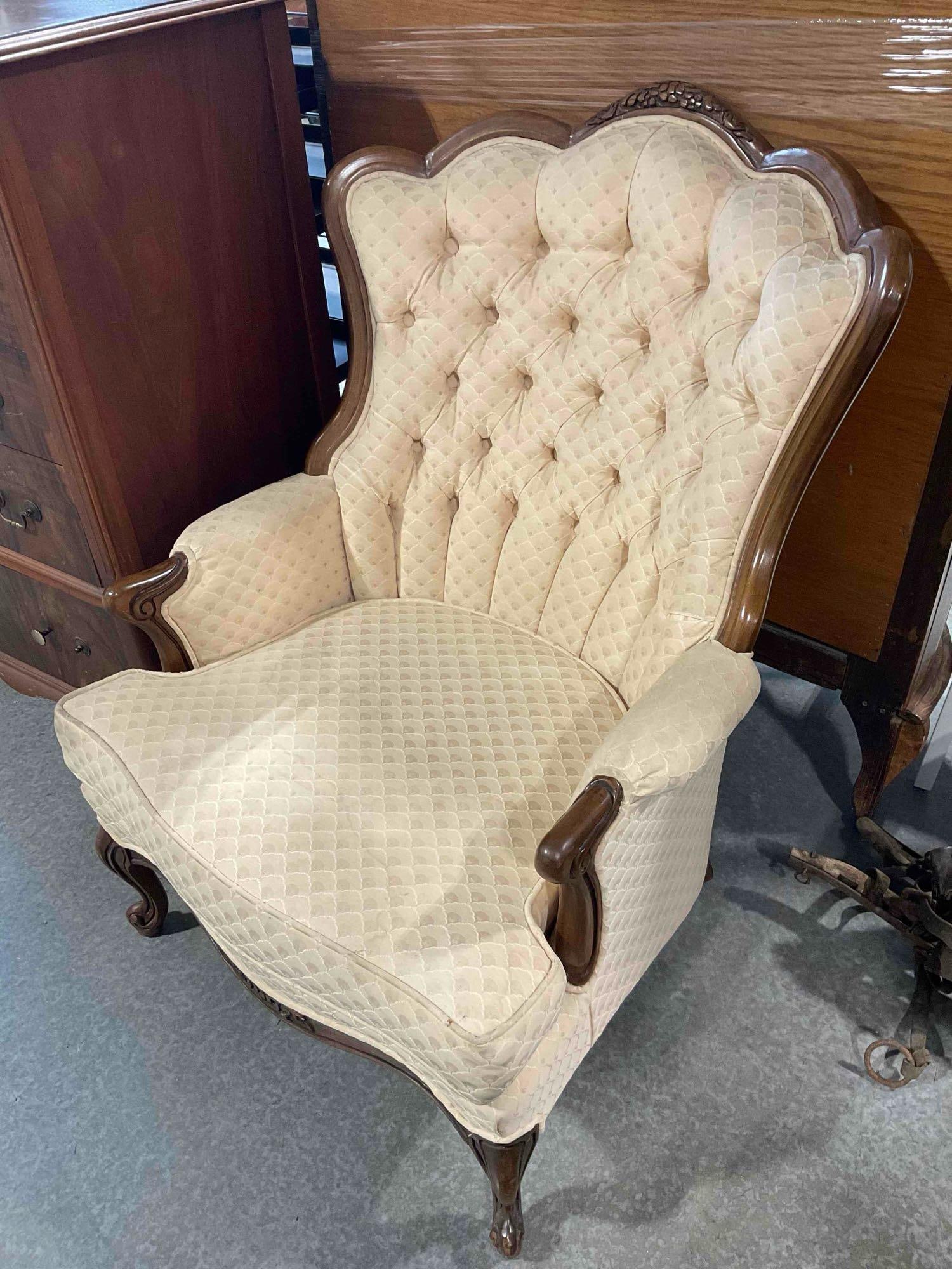 Vintage French Provincial Style Tufted Wingback Armchair w/ Pale Peach Scalloped Upholstery. - 2