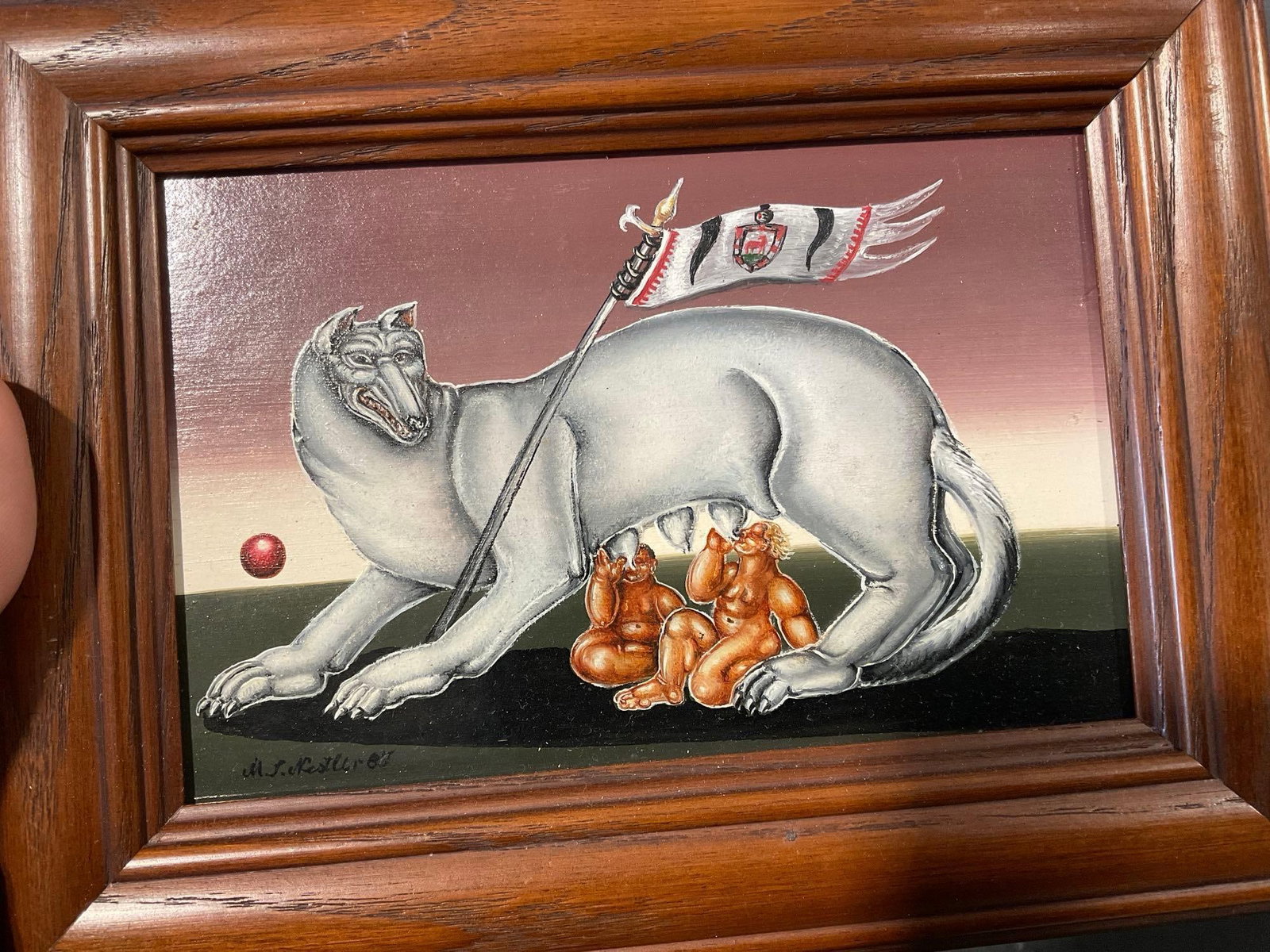 Framed Signed Original Oil on Board by Sylvia Nestler, Untitled 1985, 7x10 inch, White Wolf w/flag - 2