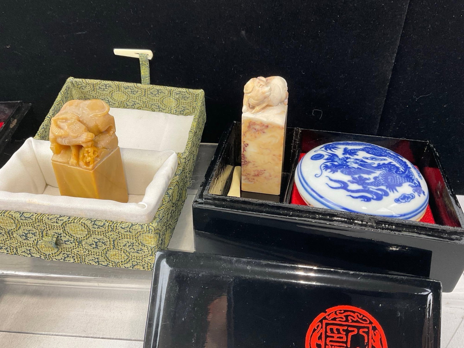 Set of 3 Handcarved Soapstone/Onyx/Jade Chops, Stamps w/boxes, & 2 lidded ink pots - 3