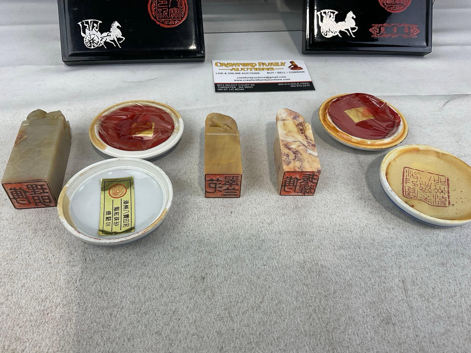 Set of 3 Handcarved Soapstone/Onyx/Jade Chops, Stamps w/boxes, & 2 lidded ink pots - 4