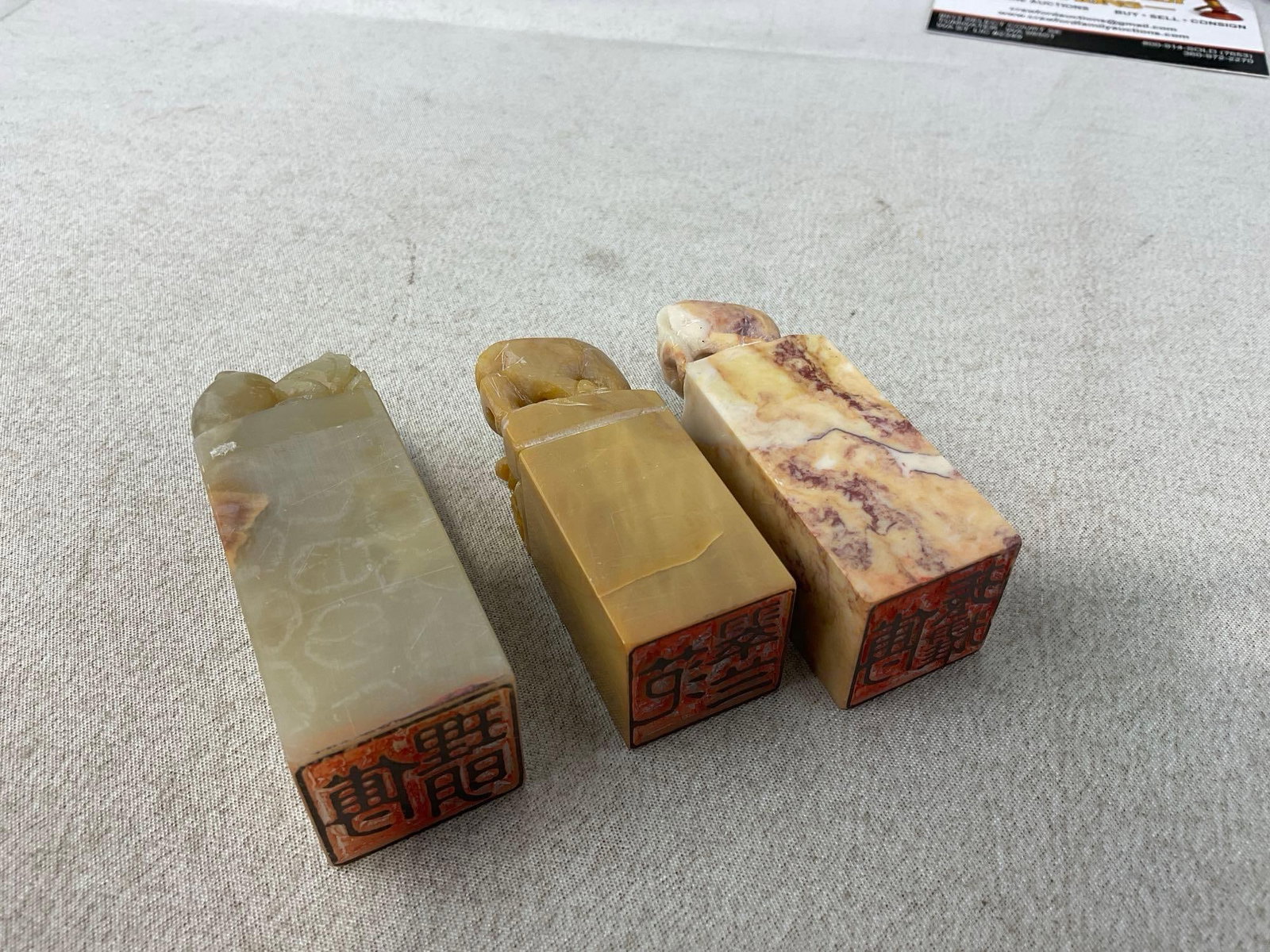 Set of 3 Handcarved Soapstone/Onyx/Jade Chops, Stamps w/boxes, & 2 lidded ink pots - 5