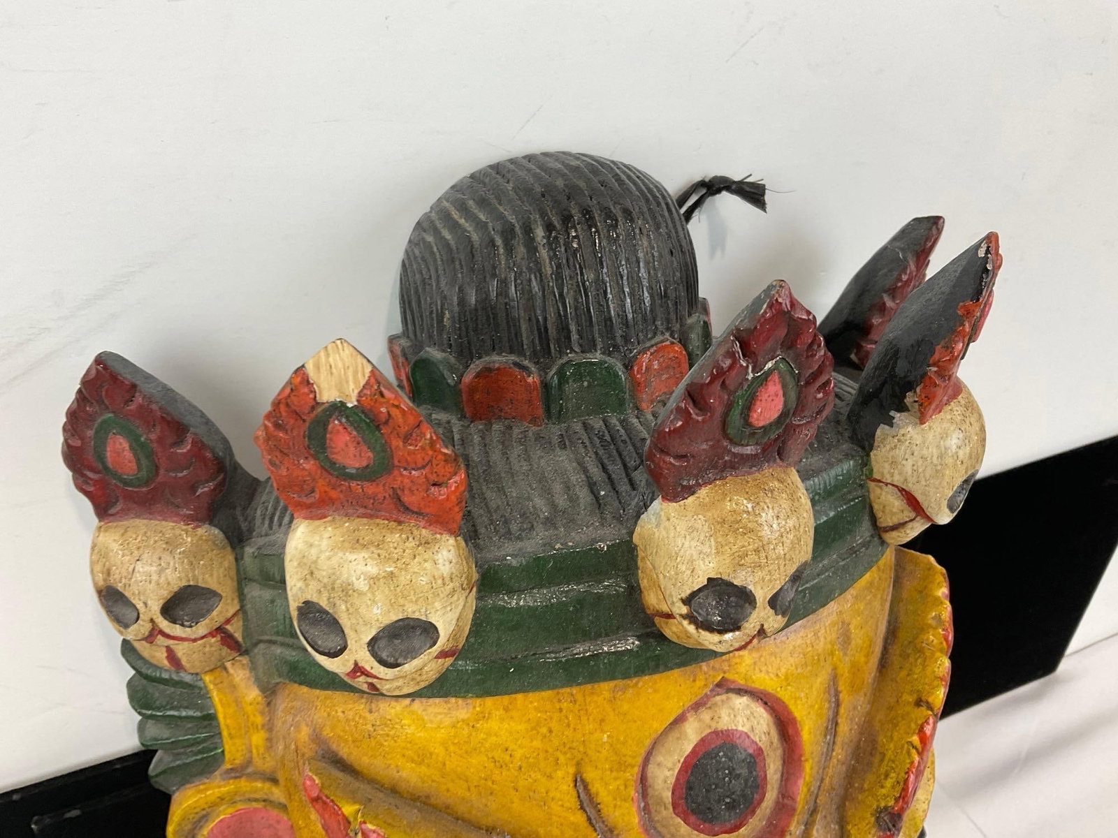 Handmade Carved & Painted Nepali Mahakala Mask, Yellow w/skull adornments, 15x11x6 inches - 2