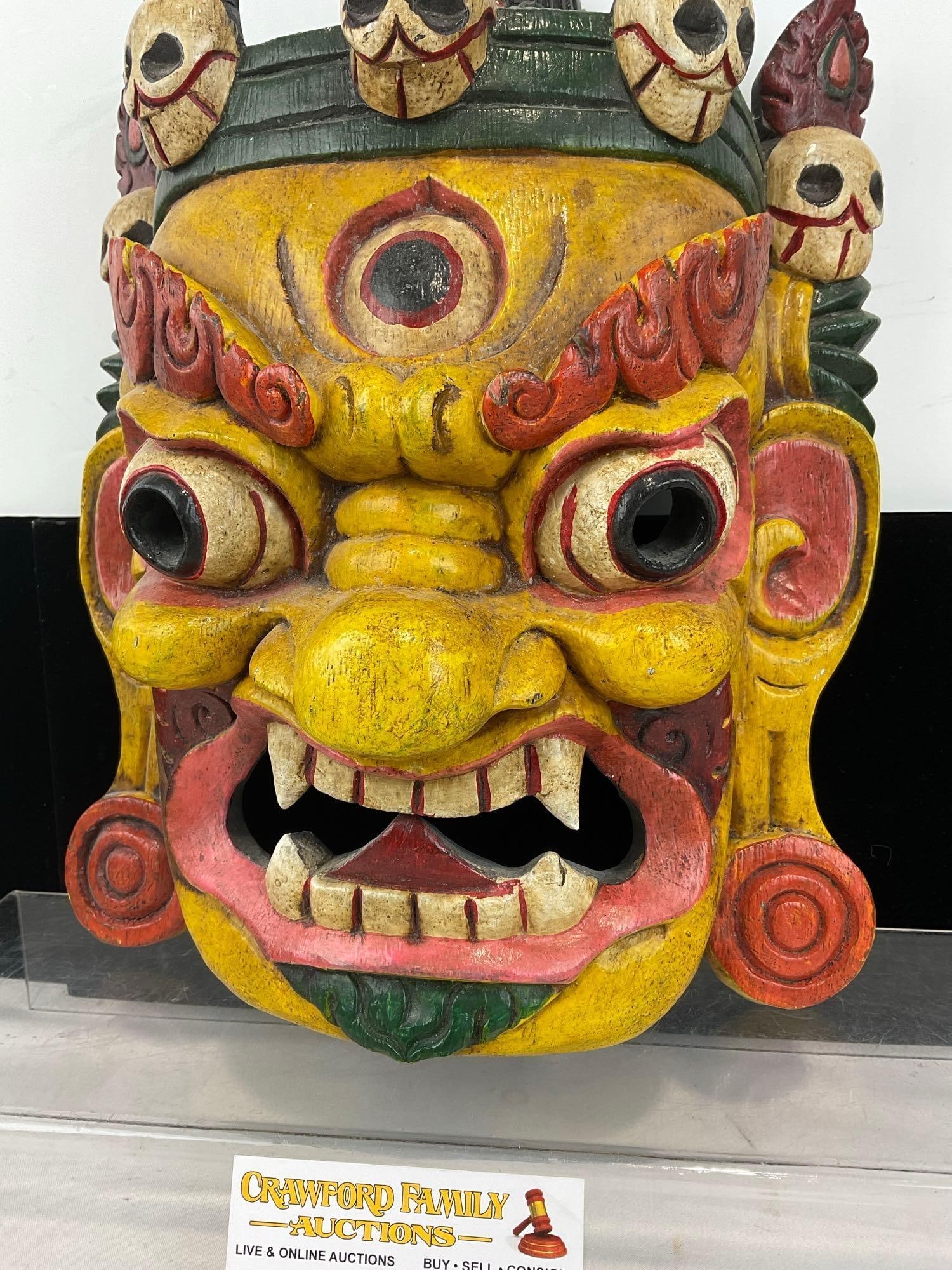 Handmade Carved & Painted Nepali Mahakala Mask, Yellow w/skull adornments, 15x11x6 inches - 3