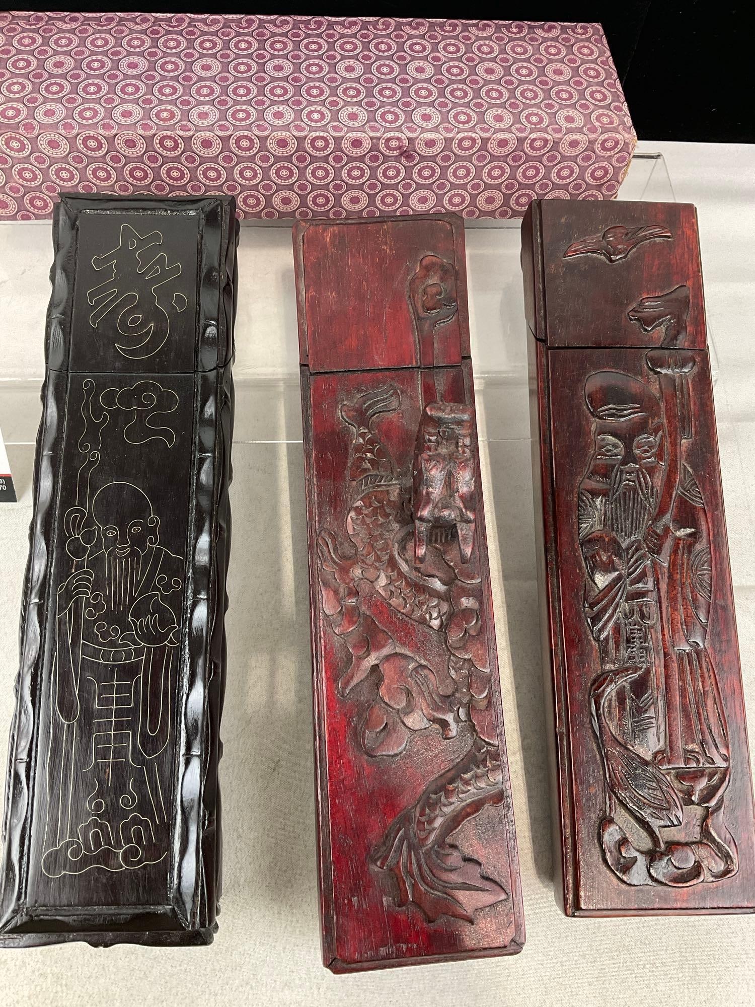 Set of 3 Chinese Carved Wood & Lacquer Boxes w/18 chopsticks each inside - 2