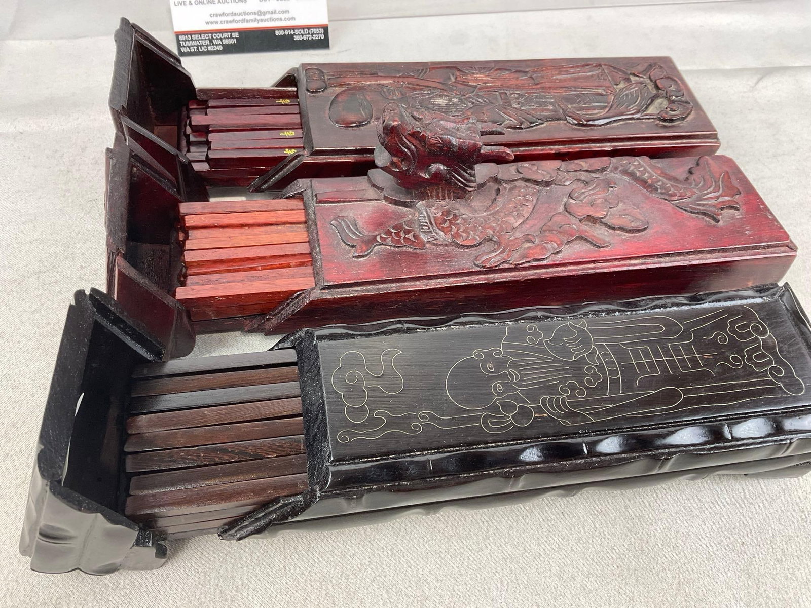Set of 3 Chinese Carved Wood & Lacquer Boxes w/18 chopsticks each inside - 3