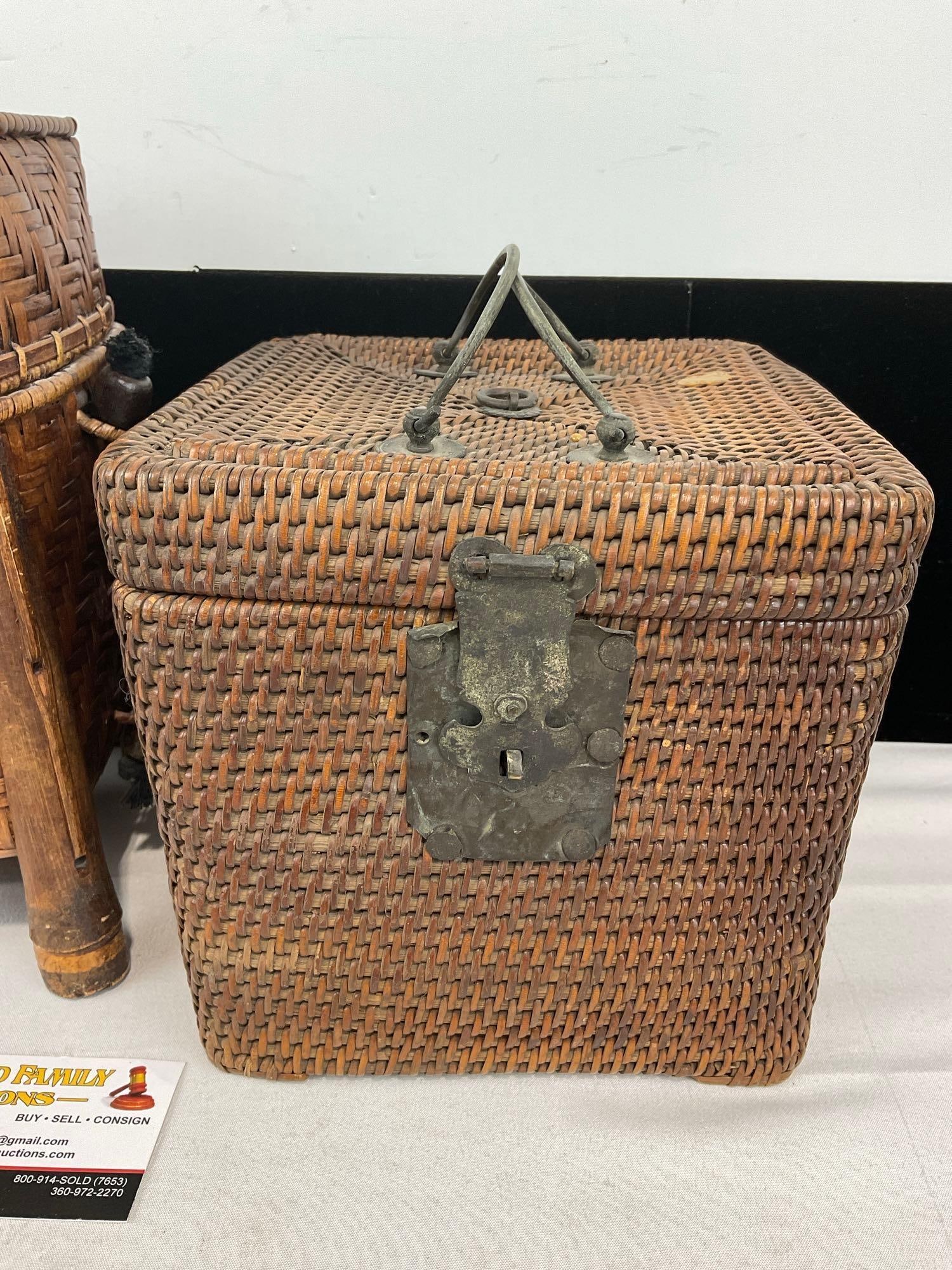 Pair of Chinese Lidded Woven Rattan Baskets, 1 w/metal latch - 3