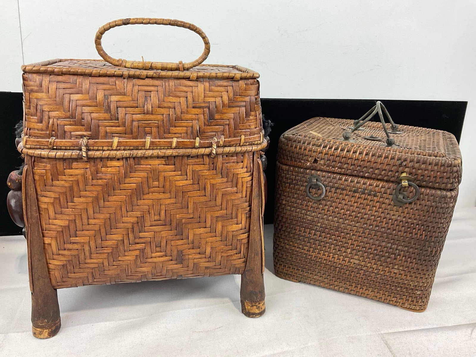 Pair of Chinese Lidded Woven Rattan Baskets, 1 w/metal latch - 4