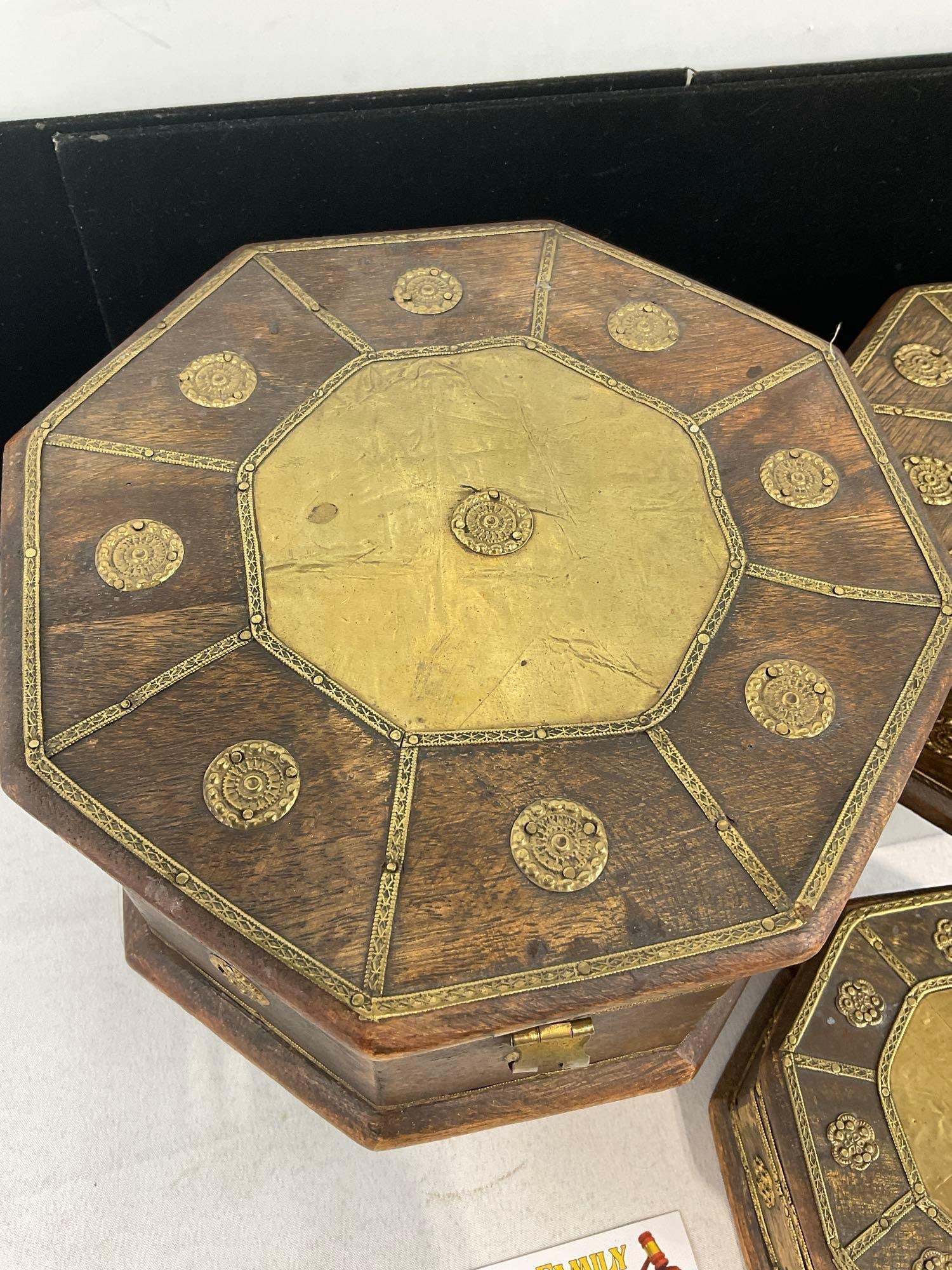 Set of Three Brass Ornamented Latching Octagonal Nesting Boxes, w/Medallion Accents - 2
