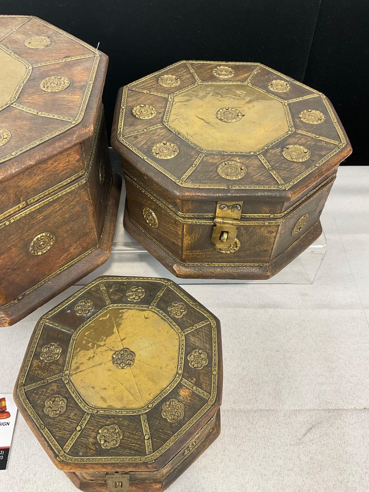 Set of Three Brass Ornamented Latching Octagonal Nesting Boxes, w/Medallion Accents - 3