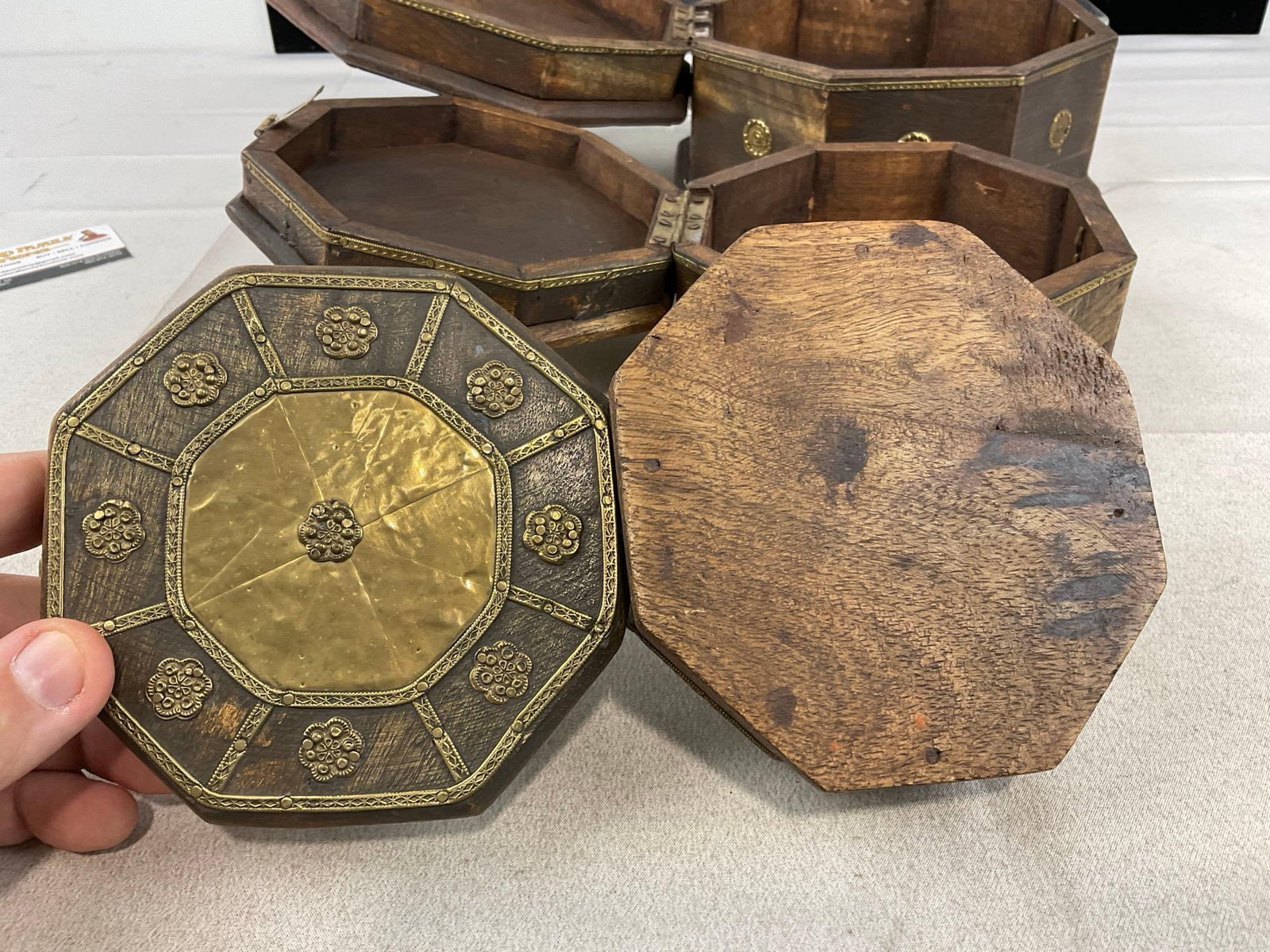 Set of Three Brass Ornamented Latching Octagonal Nesting Boxes, w/Medallion Accents - 6
