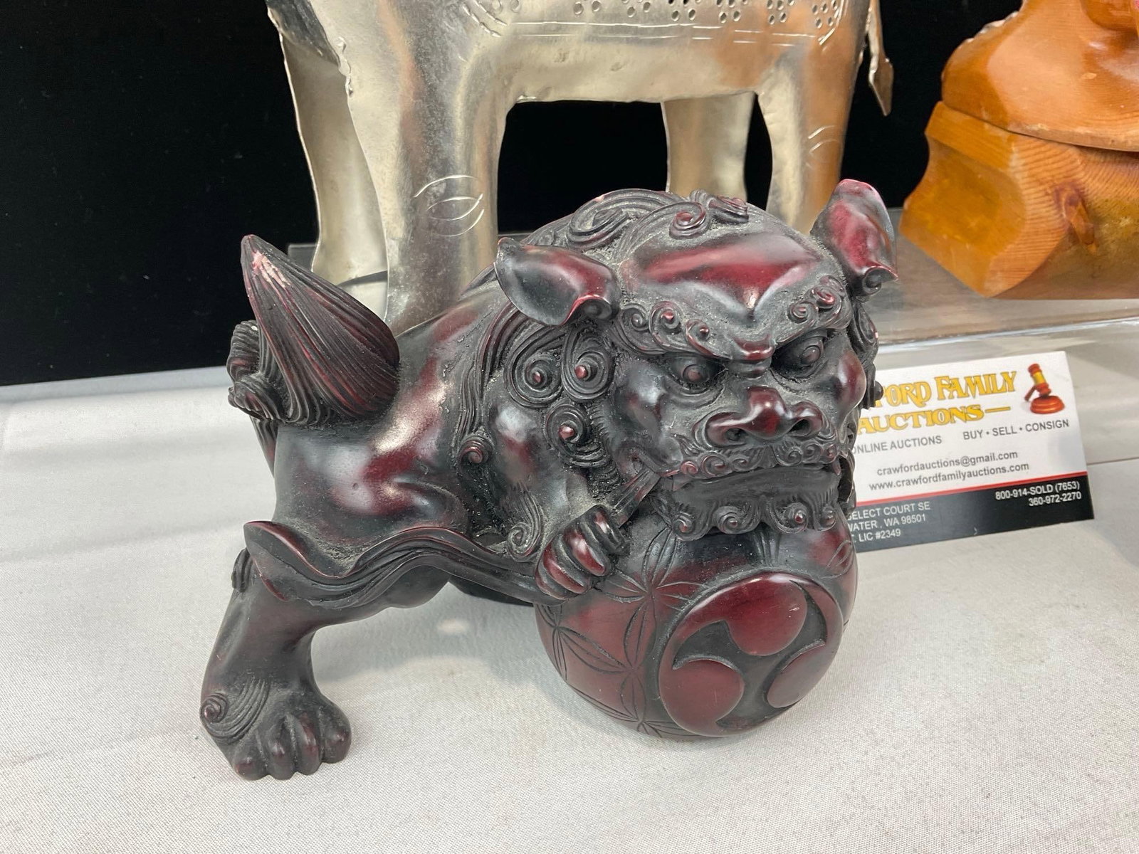 Pair of Foo Dogs, Elephant Candle Holder, Mongolian Puzzle Box, & Wooden Horse Figure - 2