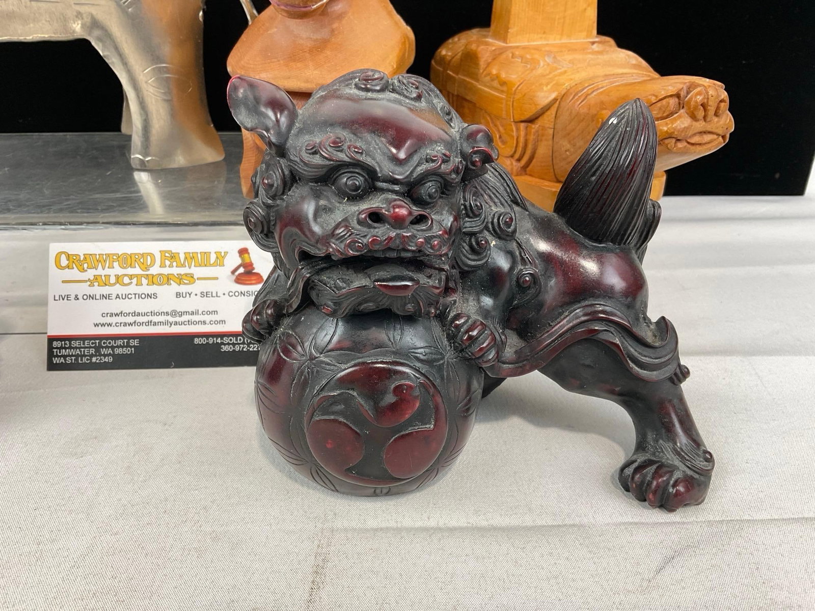 Pair of Foo Dogs, Elephant Candle Holder, Mongolian Puzzle Box, & Wooden Horse Figure - 3