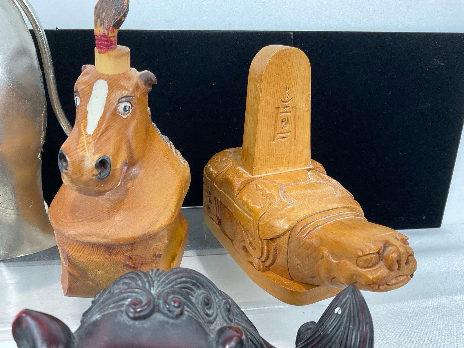 Pair of Foo Dogs, Elephant Candle Holder, Mongolian Puzzle Box, & Wooden Horse Figure - 4