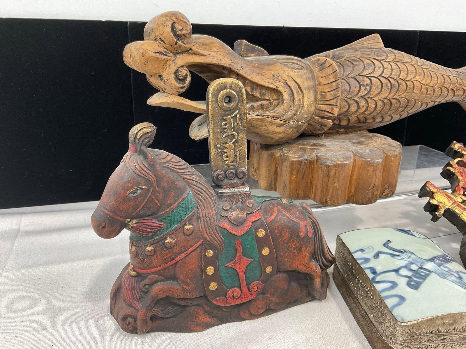 Vintage Hand Carved Wooden Fish Sculpture, Gilt Relief Panel Section, Shard Box w/silver plate - 2