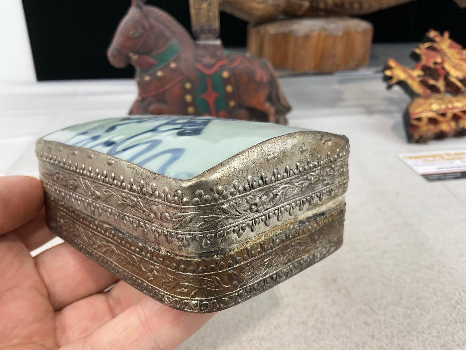 Vintage Hand Carved Wooden Fish Sculpture, Gilt Relief Panel Section, Shard Box w/silver plate - 4