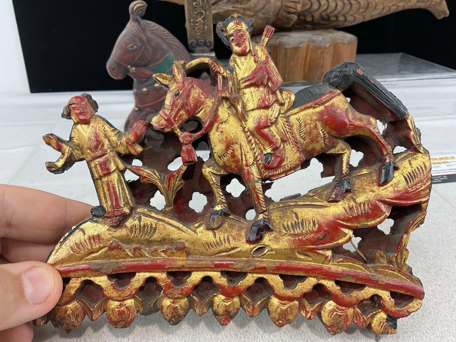 Vintage Hand Carved Wooden Fish Sculpture, Gilt Relief Panel Section, Shard Box w/silver plate - 6