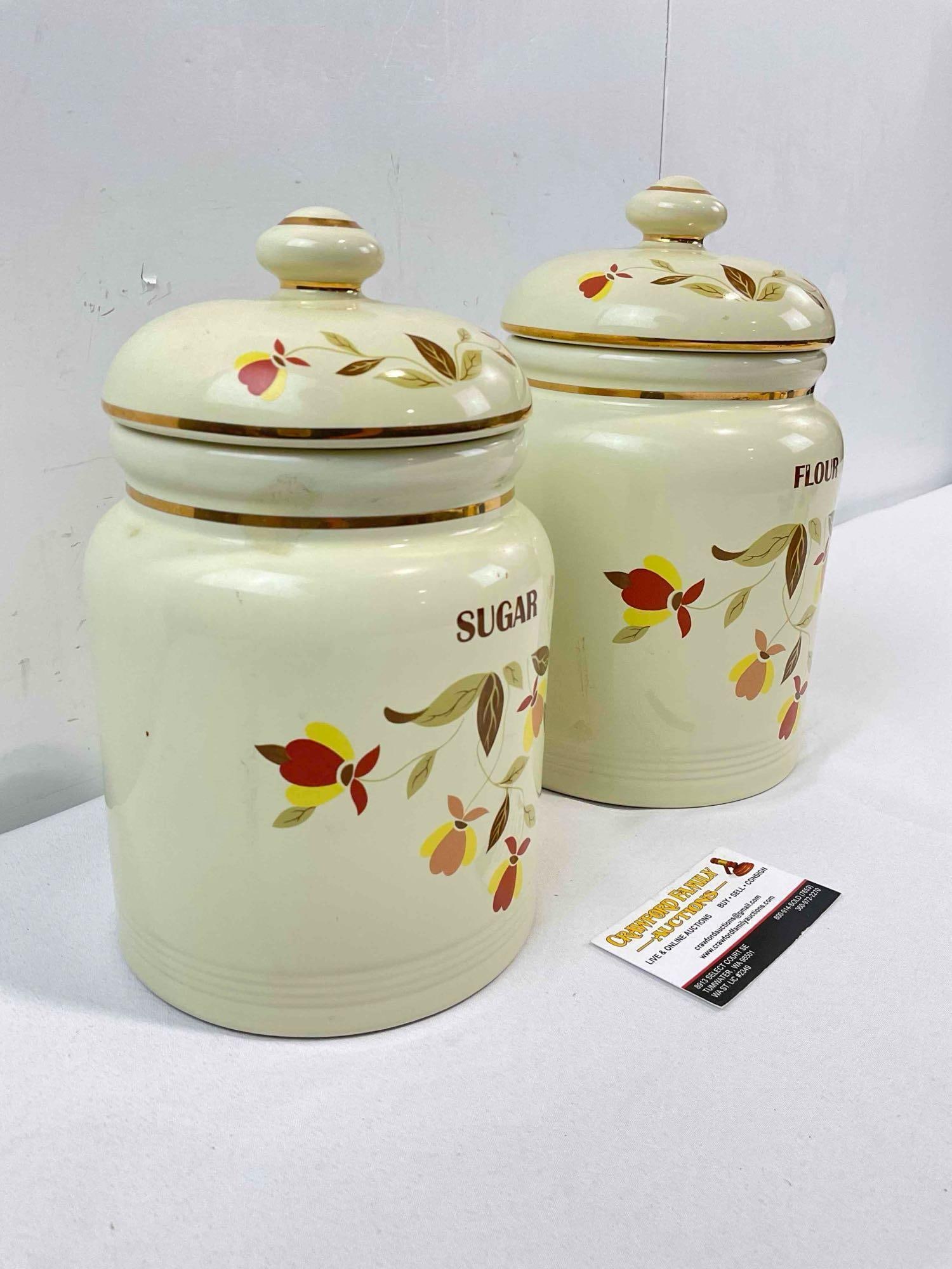 2 pcs Modern Repro. Hall Ceramic Condiment Canisters w/ Autumn Leaf Pattern, Flour & Sugar. - 2