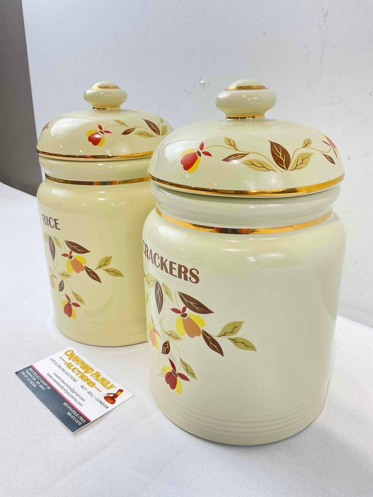 2 pcs Modern Repro. Hall Ceramic Condiment Canisters w/ Autumn Leaf Pattern, Rice & Crackers. - 2