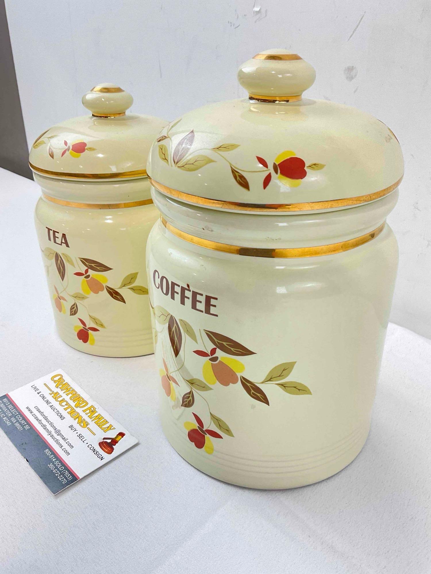 2 pcs Modern Repro. Hall Ceramic Condiment Canisters w/ Autumn Leaf Pattern, Tea & Coffee. - 2