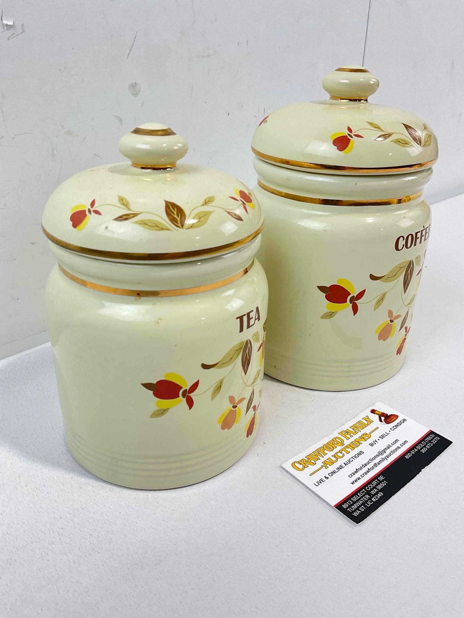 2 pcs Modern Repro. Hall Ceramic Condiment Canisters w/ Autumn Leaf Pattern, Tea & Coffee. - 3