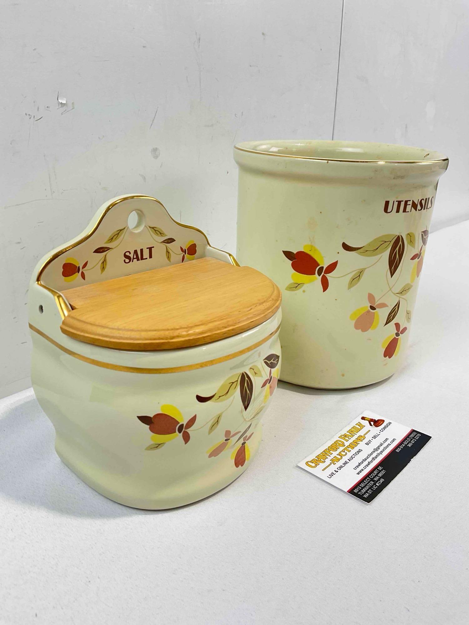 2 pcs Ceramic Kitchen Canisters w/ Autumn Leaf Pattern, 1x Vintage Hall & 1x Ceramic Specialties. - 2