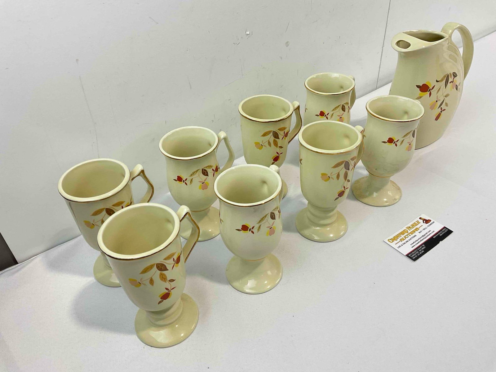 9 pcs Vintage Hall China Ceramics, incl. 8x Irish Coffee Mugs & 1x Pitcher w/ Autumn Leaf Pattern. - 2