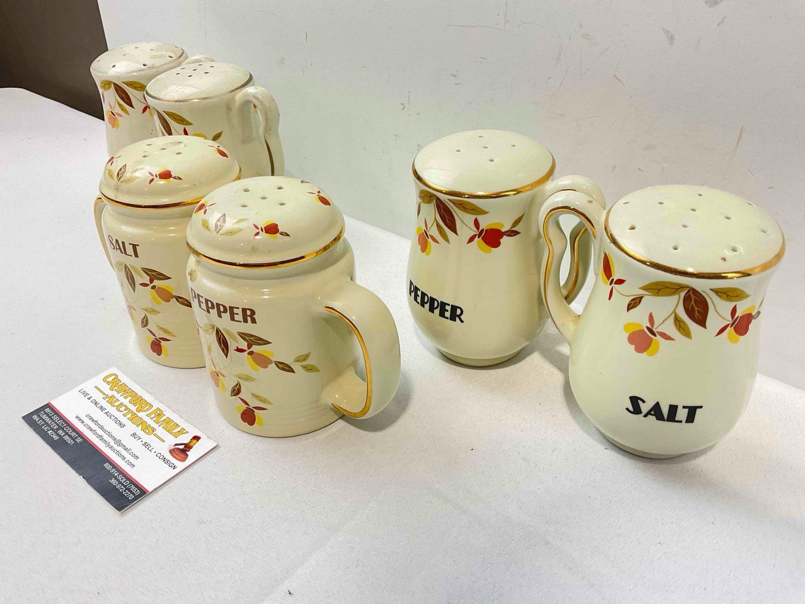 3 Pairs of Ceramic Salt & Pepper Shakers w/ Hall China's Autumn Leaves Design. Good Condition. - 3