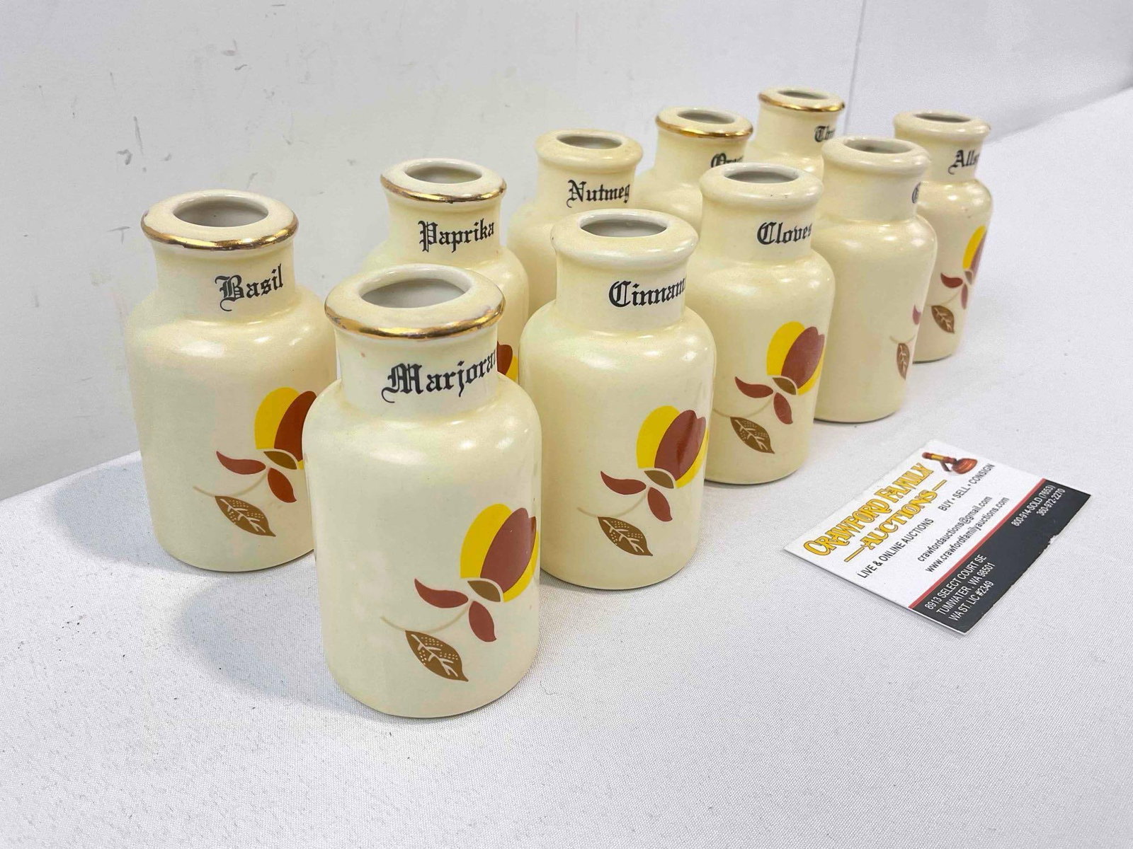 10 pcs Vintage Ceramic Spice Jars w/ Hall China's Autumn Leaf Design. Good Condition. See pics. - 3