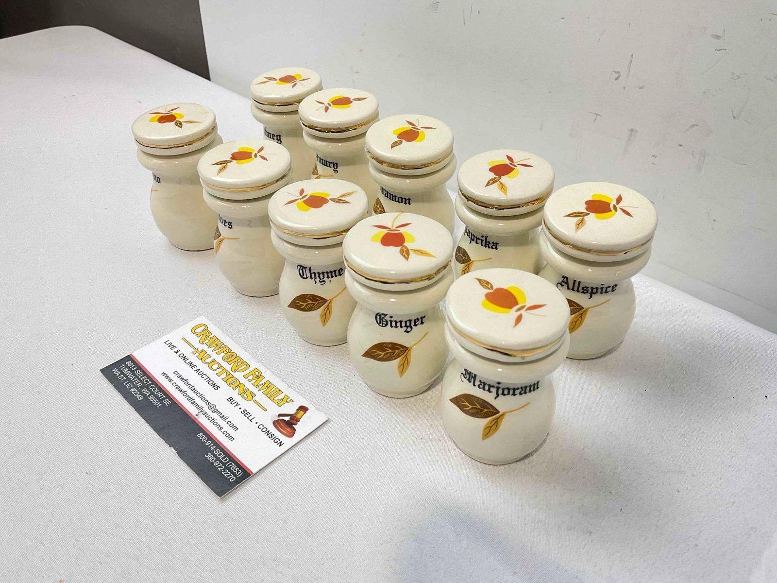 10 pcs Ceramic Lidded Spice Jars w/ Hall China's Autumn Leaf Design. Good Condition. See pics. - 2