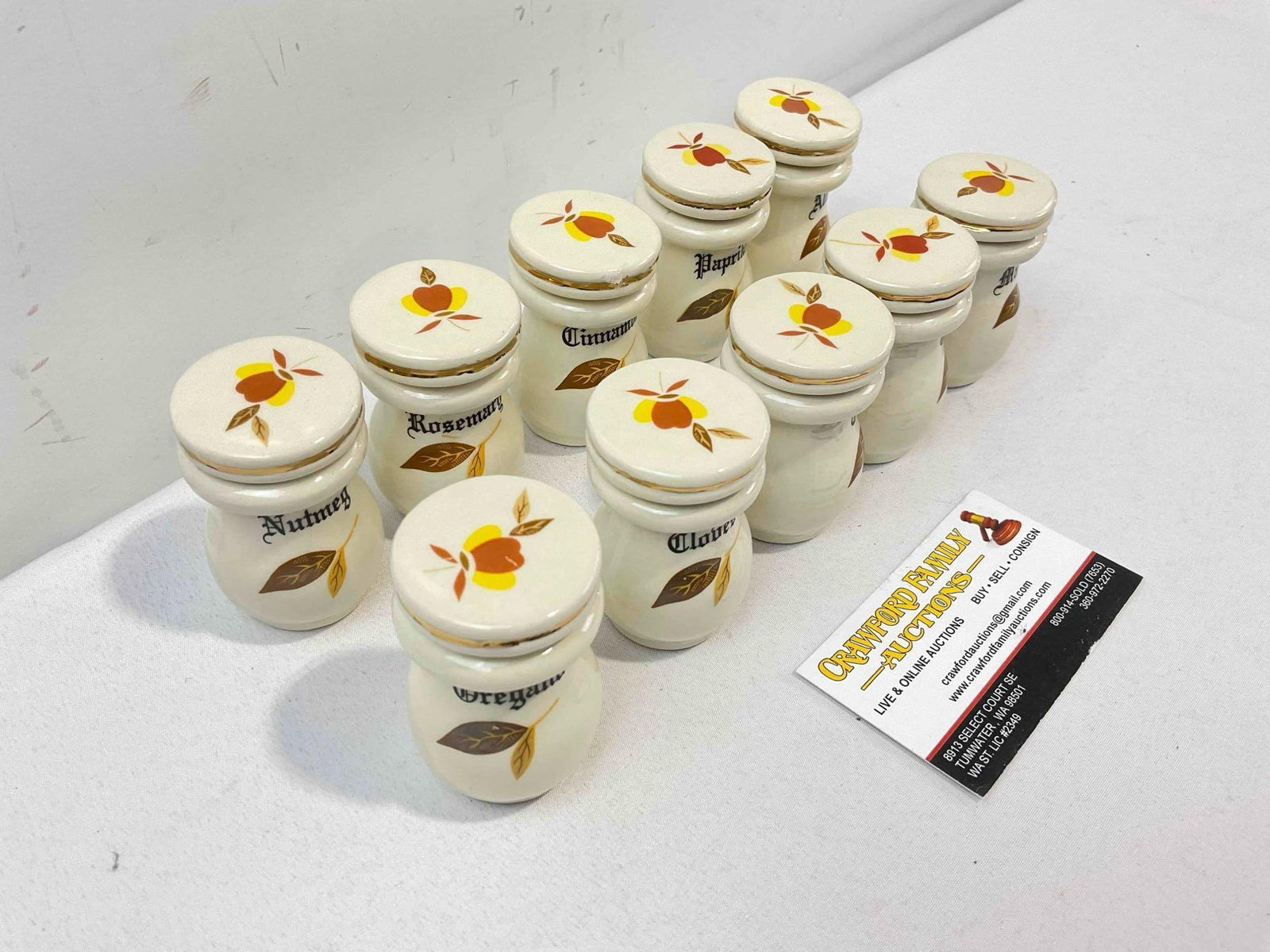 10 pcs Ceramic Lidded Spice Jars w/ Hall China's Autumn Leaf Design. Good Condition. See pics. - 3