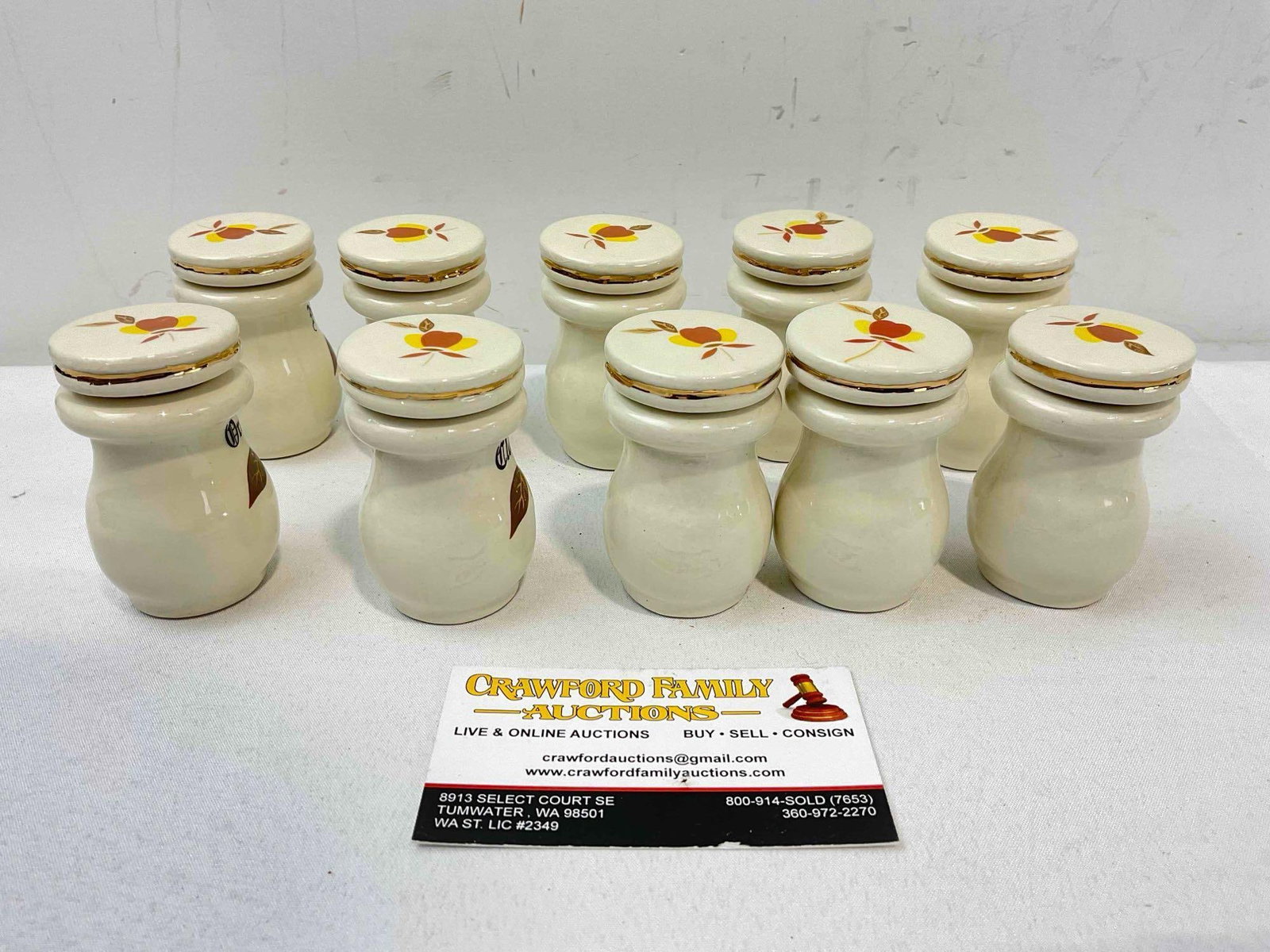 10 pcs Ceramic Lidded Spice Jars w/ Hall China's Autumn Leaf Design. Good Condition. See pics. - 4
