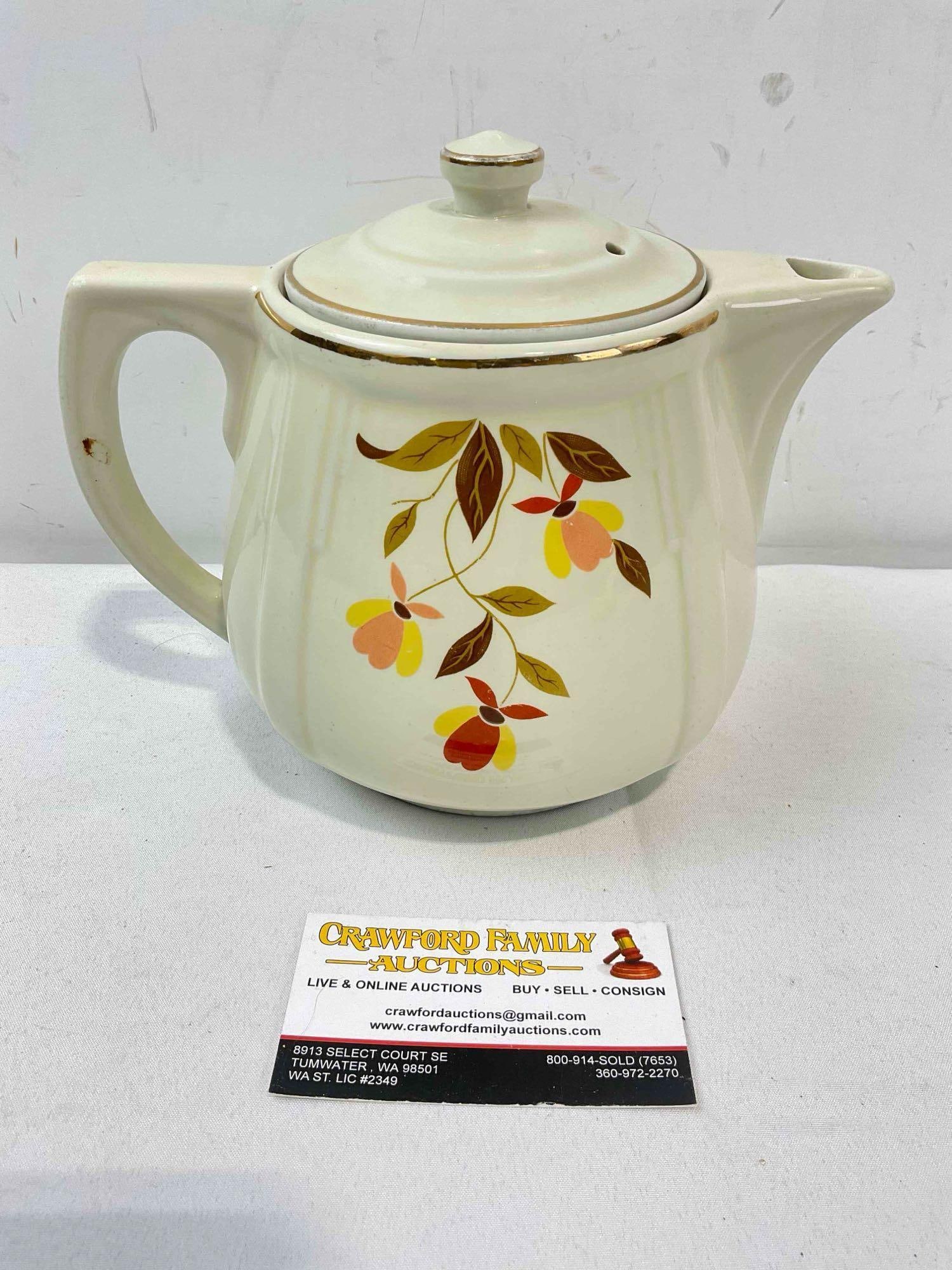Vintage Hall China Ceramic Coffee Pot w/ Autumn Leaves Design. Good Condition. See pics.: Vintage Hall China Ceramic Coffee Pot w/ Autumn Leaves Design. Good Condition. Minor grime indicative of age and use, otherwise looks to be in good condition. Measures 8" x 6" x 7" DM-6360
