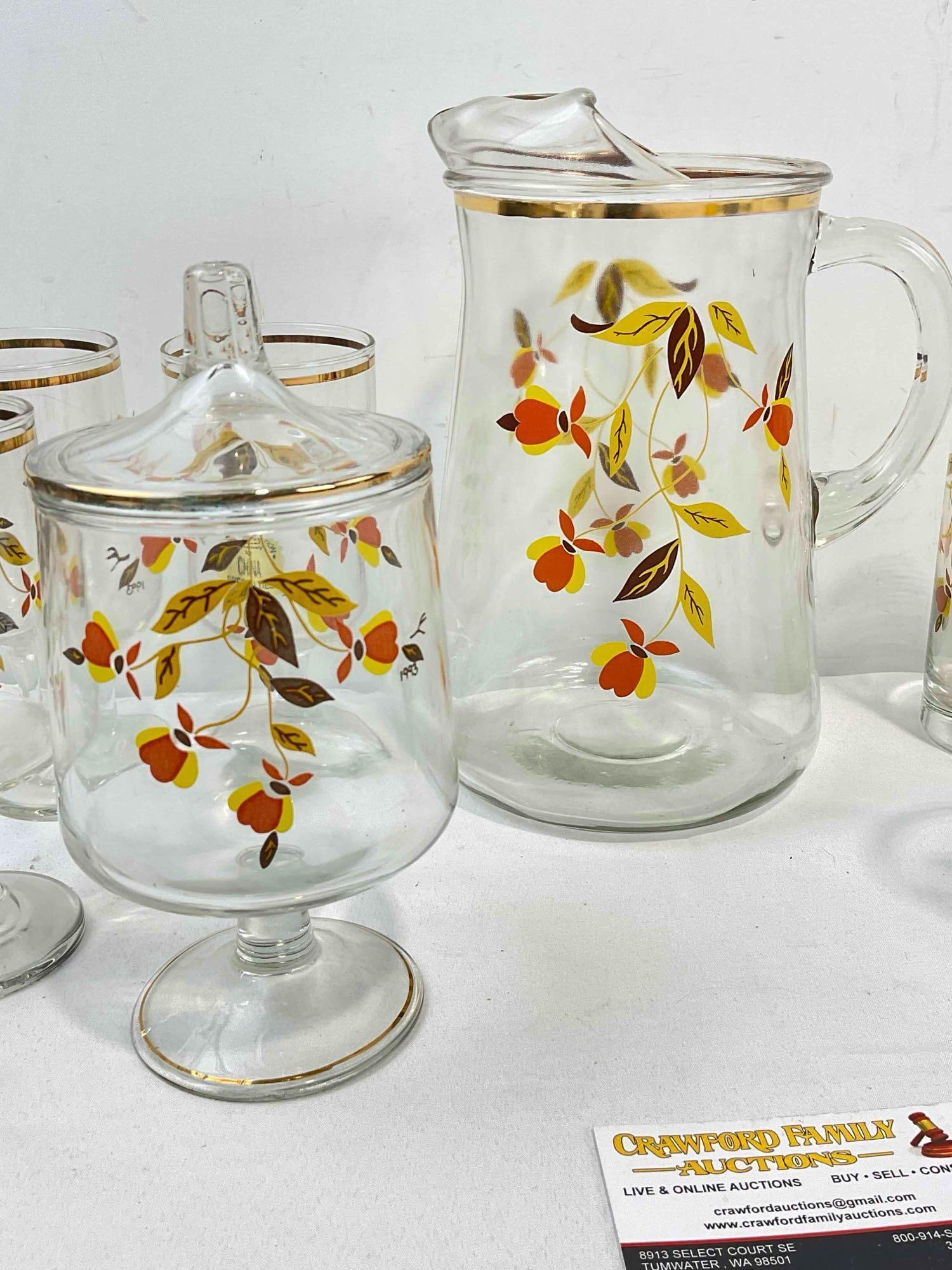 10 pcs Vintage Glassware w/ Hall China's Autumn Leaf Design, incl. 8x Cups, Pitcher & Candy Jar. - 6