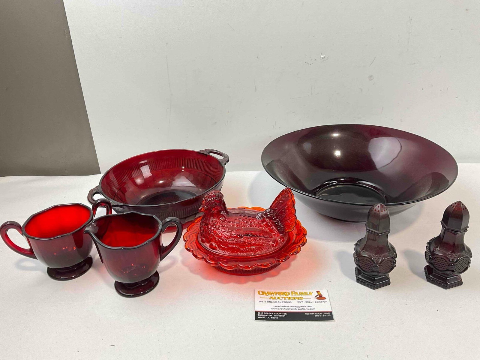 7 pcs Vintage Red Glass Assortment, incl. Lidded Chicken Jar, Creamer & Sugar Bowl & More!: 7 pcs Vintage Red Glass Assortment, incl. Lidded Chicken Jar, Creamer & Sugar Bowl & More! Minor wear indicative of age and use, otherwise look to be in good condition. Larger measures 12" x