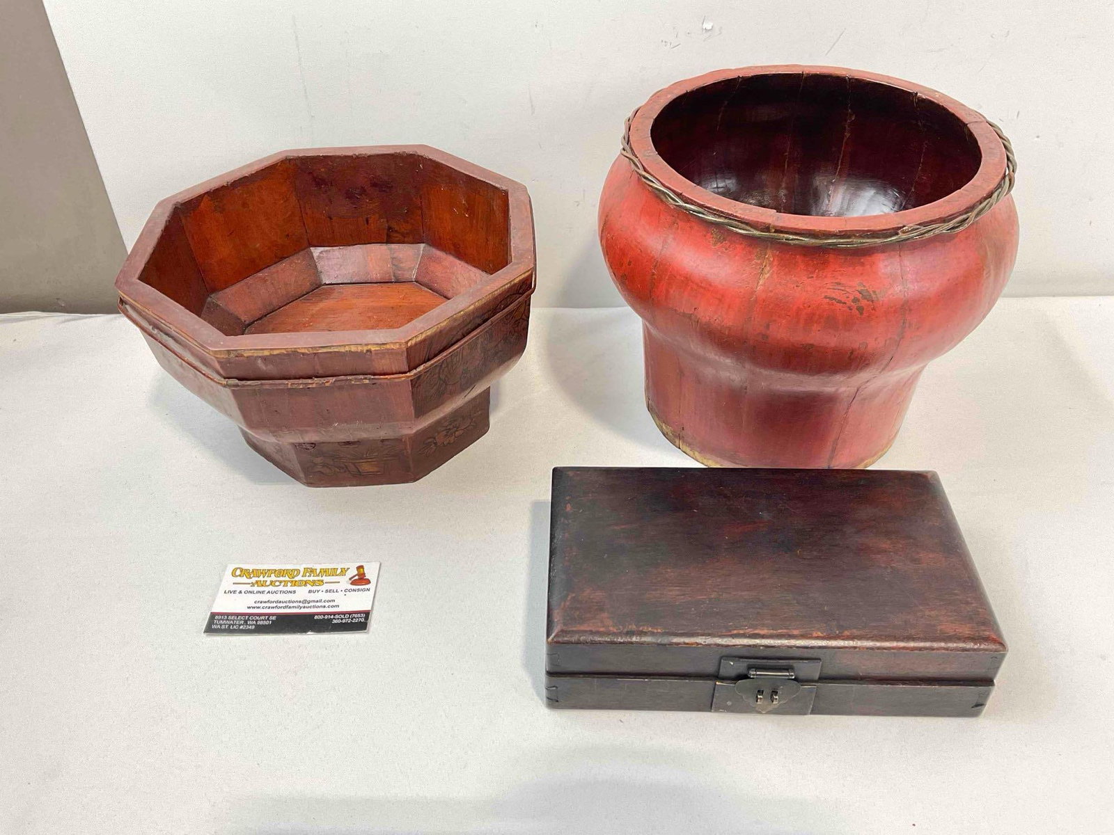 3 pcs Handsome Vintage Asian Wooden Assortment, incl. Wedding Basket, Rice Bucket & More! (1 of 5)