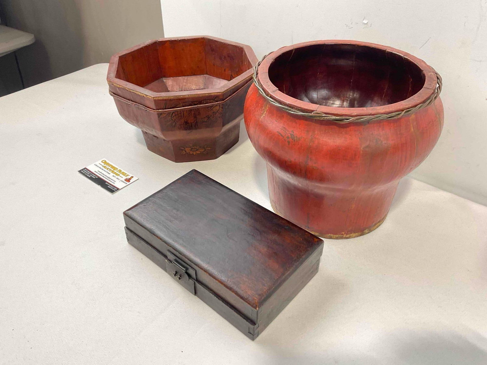 3 pcs Handsome Vintage Asian Wooden Assortment, incl. Wedding Basket, Rice Bucket & More! - 2