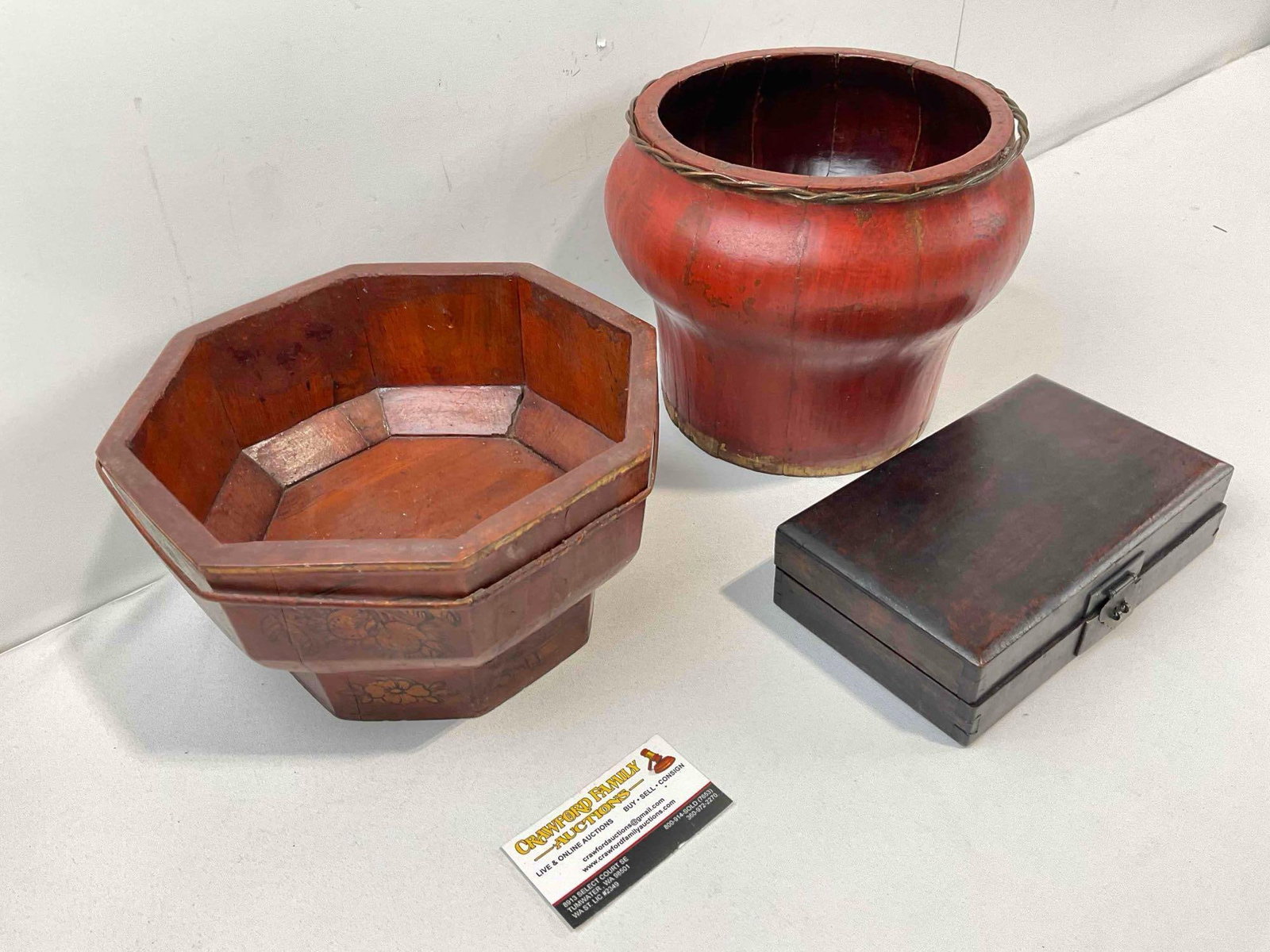 3 pcs Handsome Vintage Asian Wooden Assortment, incl. Wedding Basket, Rice Bucket & More! - 3