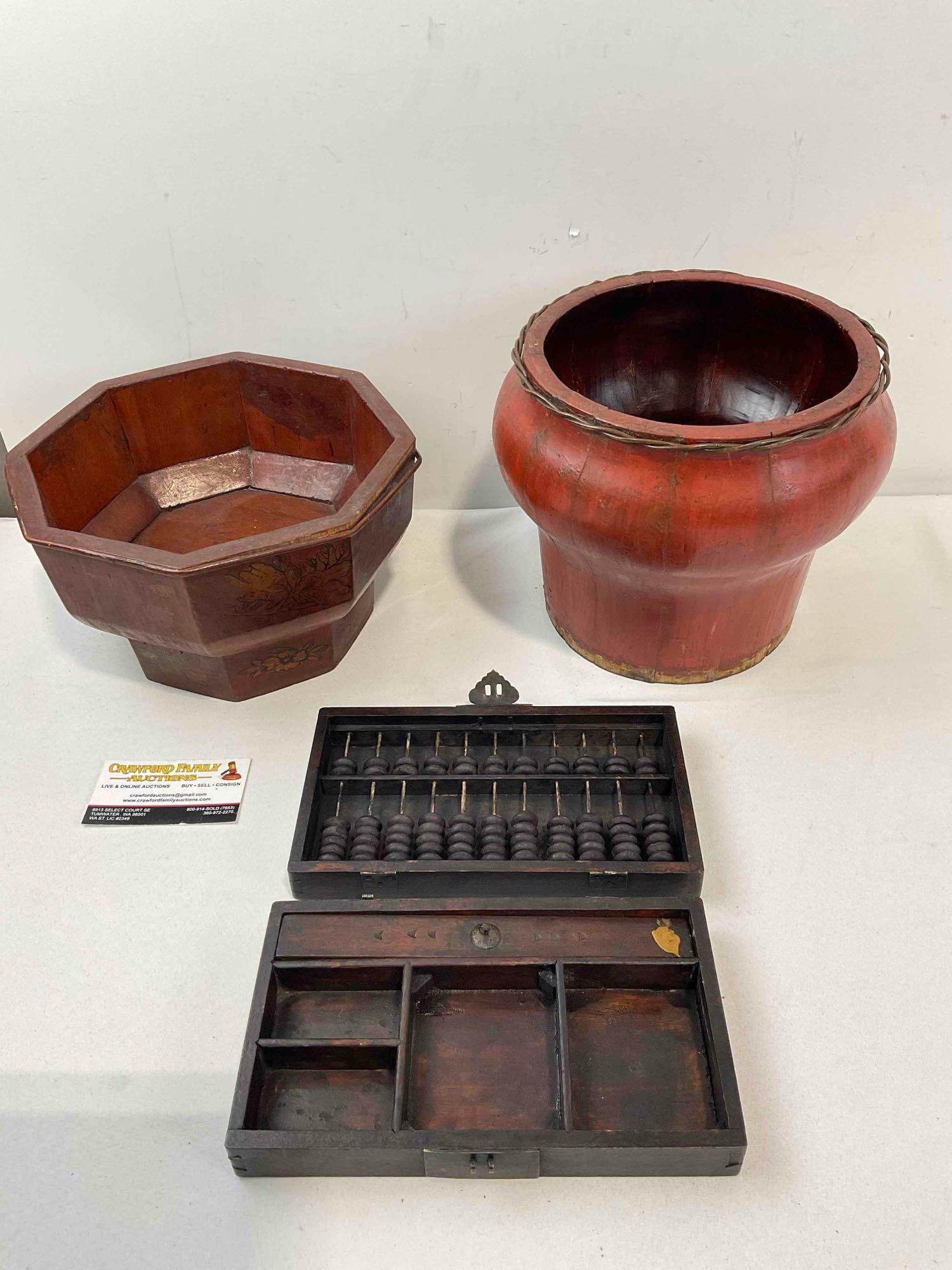 3 pcs Handsome Vintage Asian Wooden Assortment, incl. Wedding Basket, Rice Bucket & More! - 5