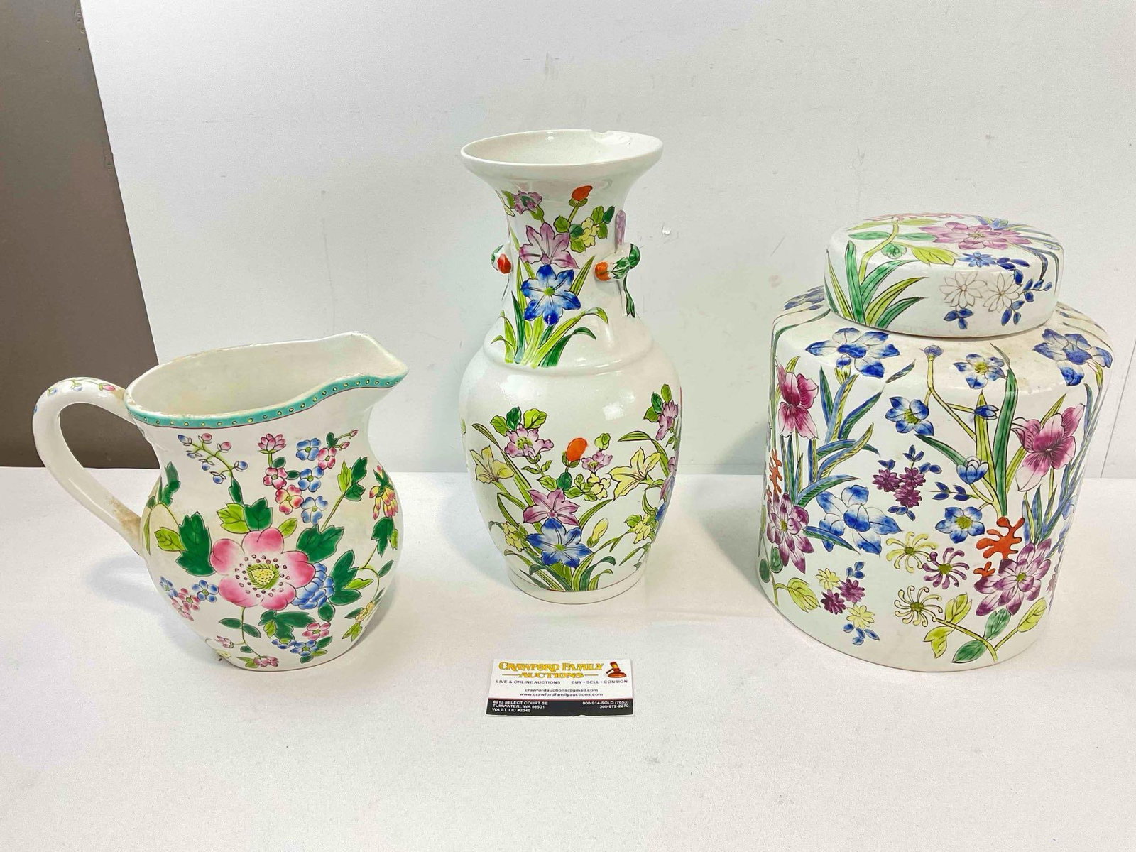 3 pcs Asian Style Pottery Assortment, incl. Pitcher, Lidded Jar & Vase. Fair Condition. See pics. (1 of 6)