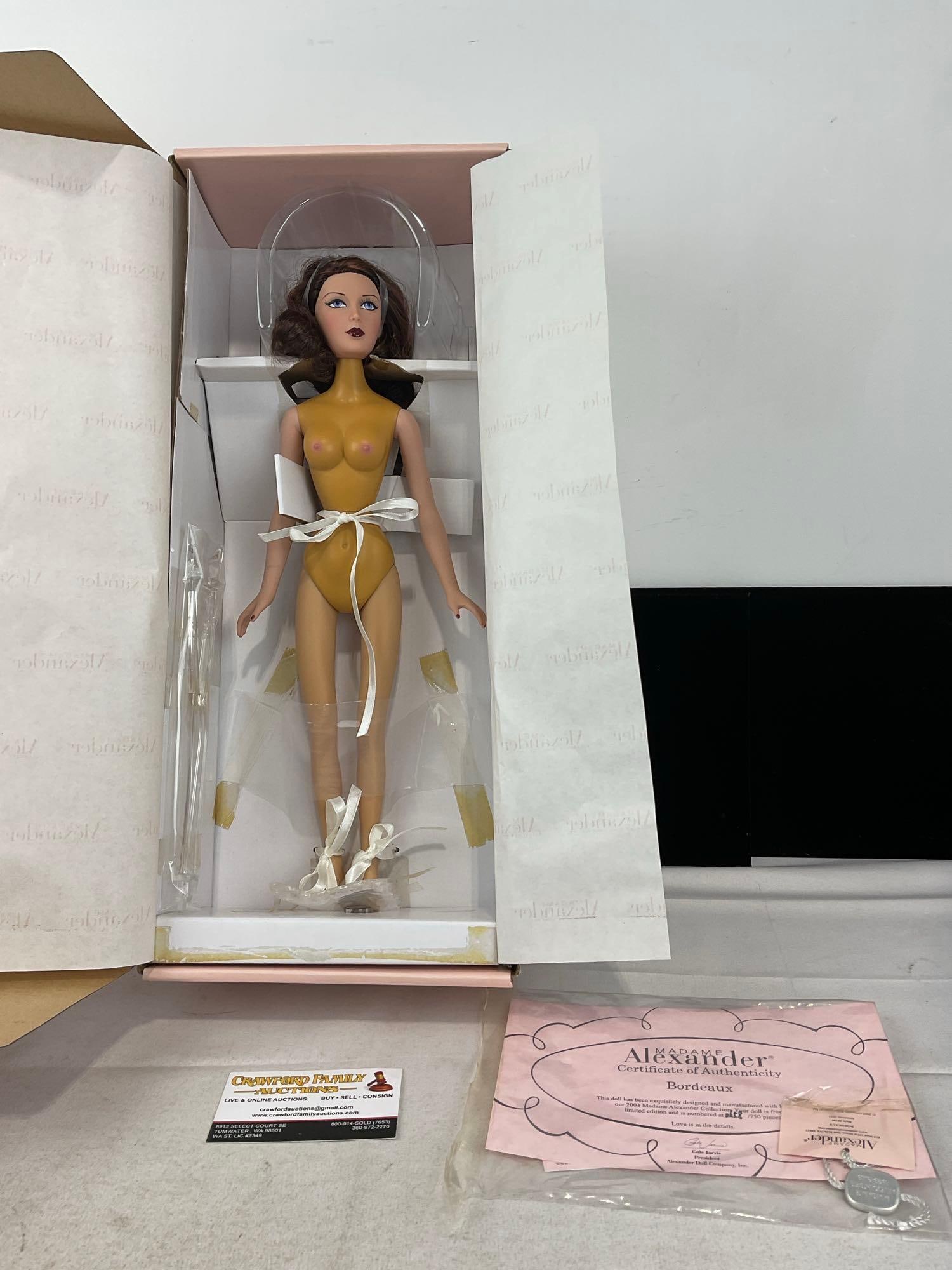 Madame Alexander Bordeaux Doll, #d 0658/750, 16 inch tall in original box w/COA: Appears to be in good shape. The piece measures approx 20h x 9w x 6d inches. See pics. E-6160
