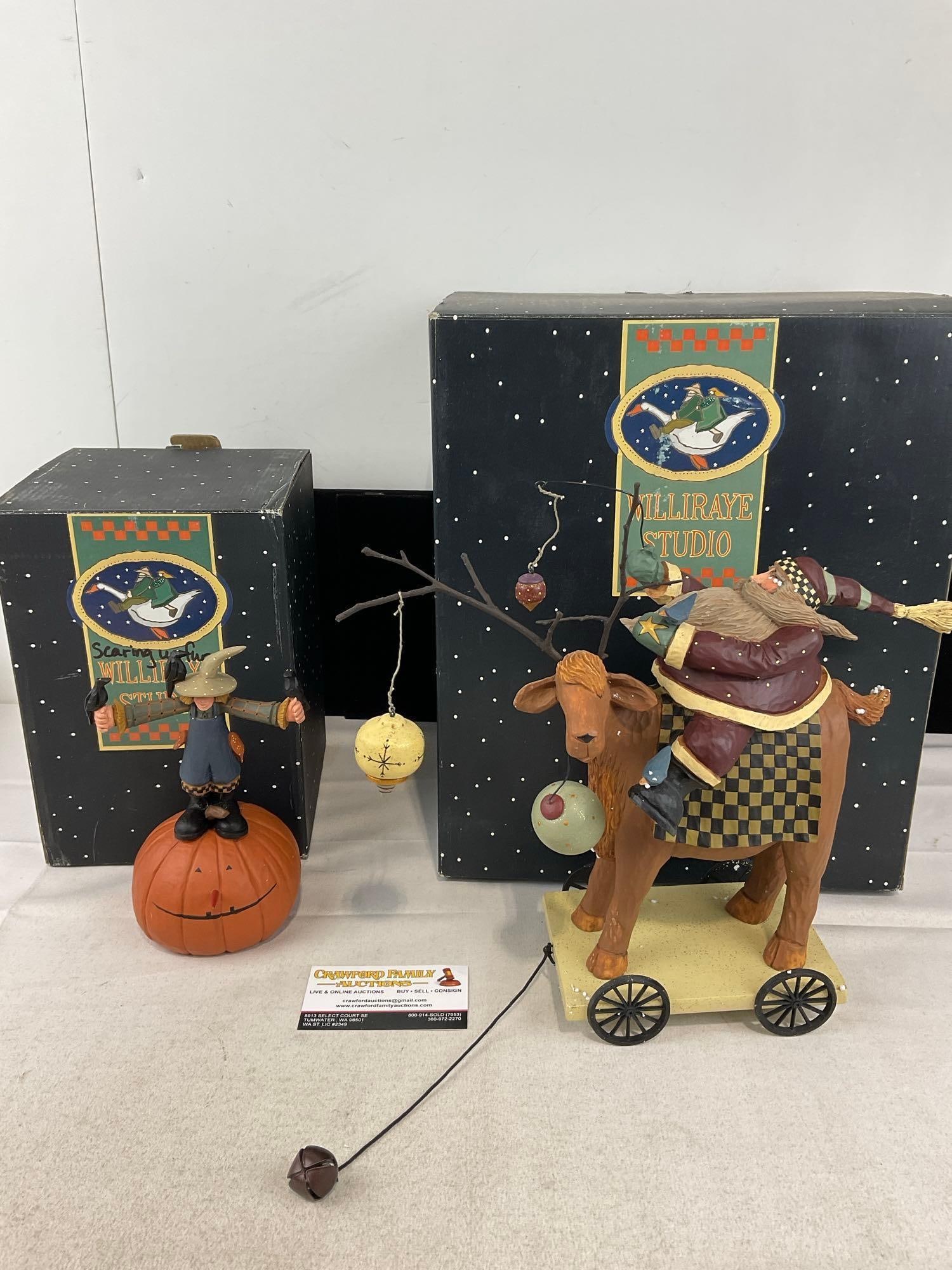 2 Williraye Studio Halloween Figures, A Little Holiday Decorting WW2389, & Scaring Up Fun WW6012: Appears to be in good shape, only lightly used. The piece measures approx 16h x 15w x 11d inches. See pics. E-6160