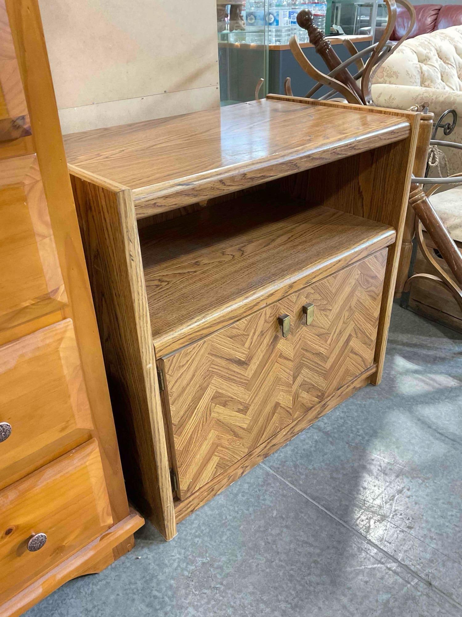 Oak Veneer Console Cabinet w/ Pull Out Tray, Cupboard & Parquetry Pattern. Fair Condition. See pi... - 2