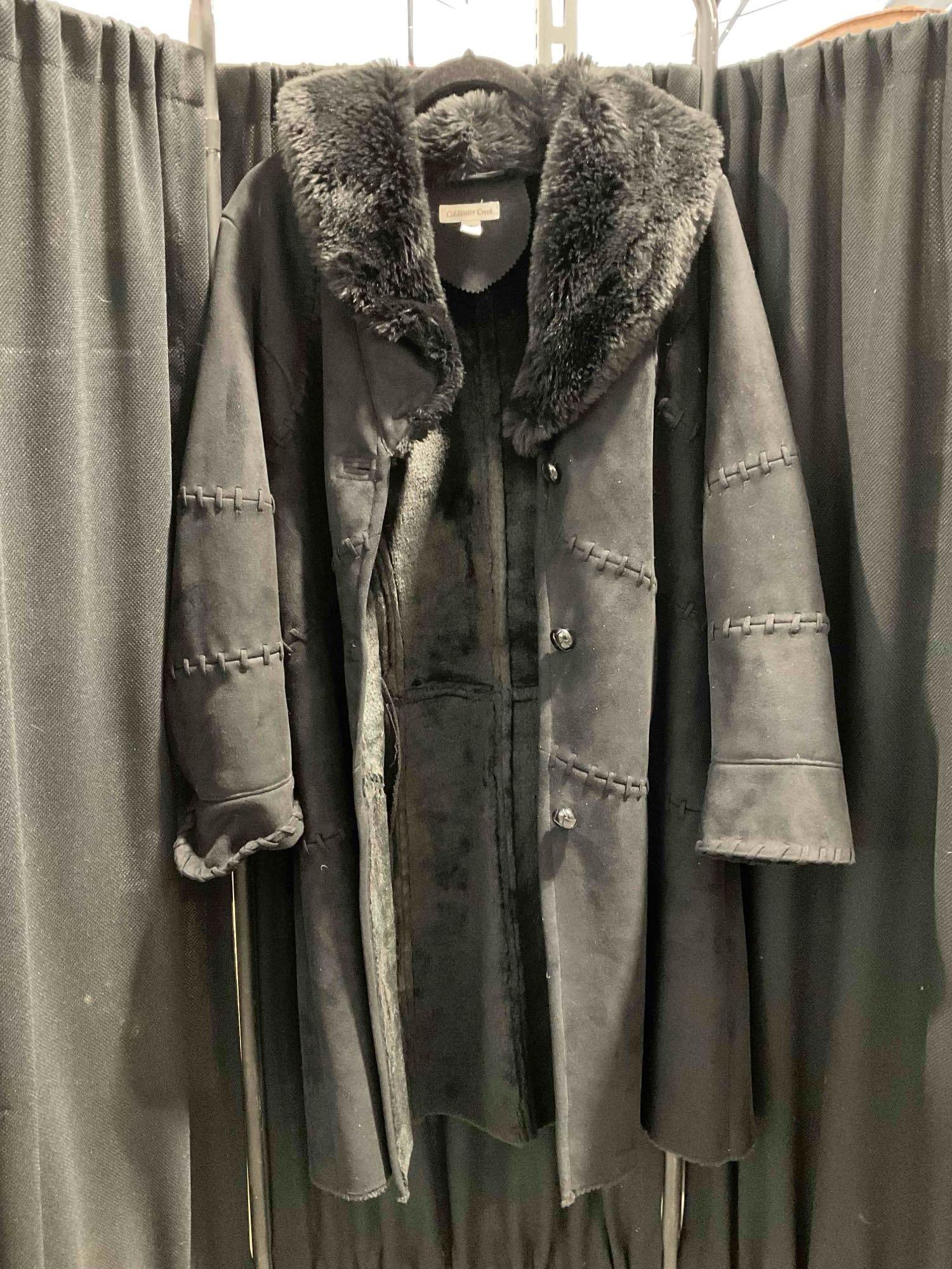 Coldwater Creek Black Faux Suede Women's Coat, Size 12. Good Condition. See pics.: Coldwater Creek Black Faux Suede Women's Coat, Size 12. Good Condition. Tag says 100% polyester. Minor wear indicative of age and use, otherwise looks to be in good condition. Measures 24" x 4" x 44"