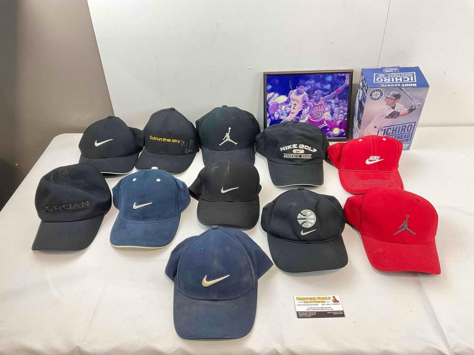 11 pcs Men's Baseball Cap Hats, incl. 1x Signed by Singer Lalah Hathaway & More! See pics.: 11 pcs Men's Baseball Cap Hats, incl. 1x Signed by Singer Lalah Hathaway & More! Also includes vintage framed print of Michael Jordan, an Ichiro Bobblehead still in original box, 7 Nike hats, and