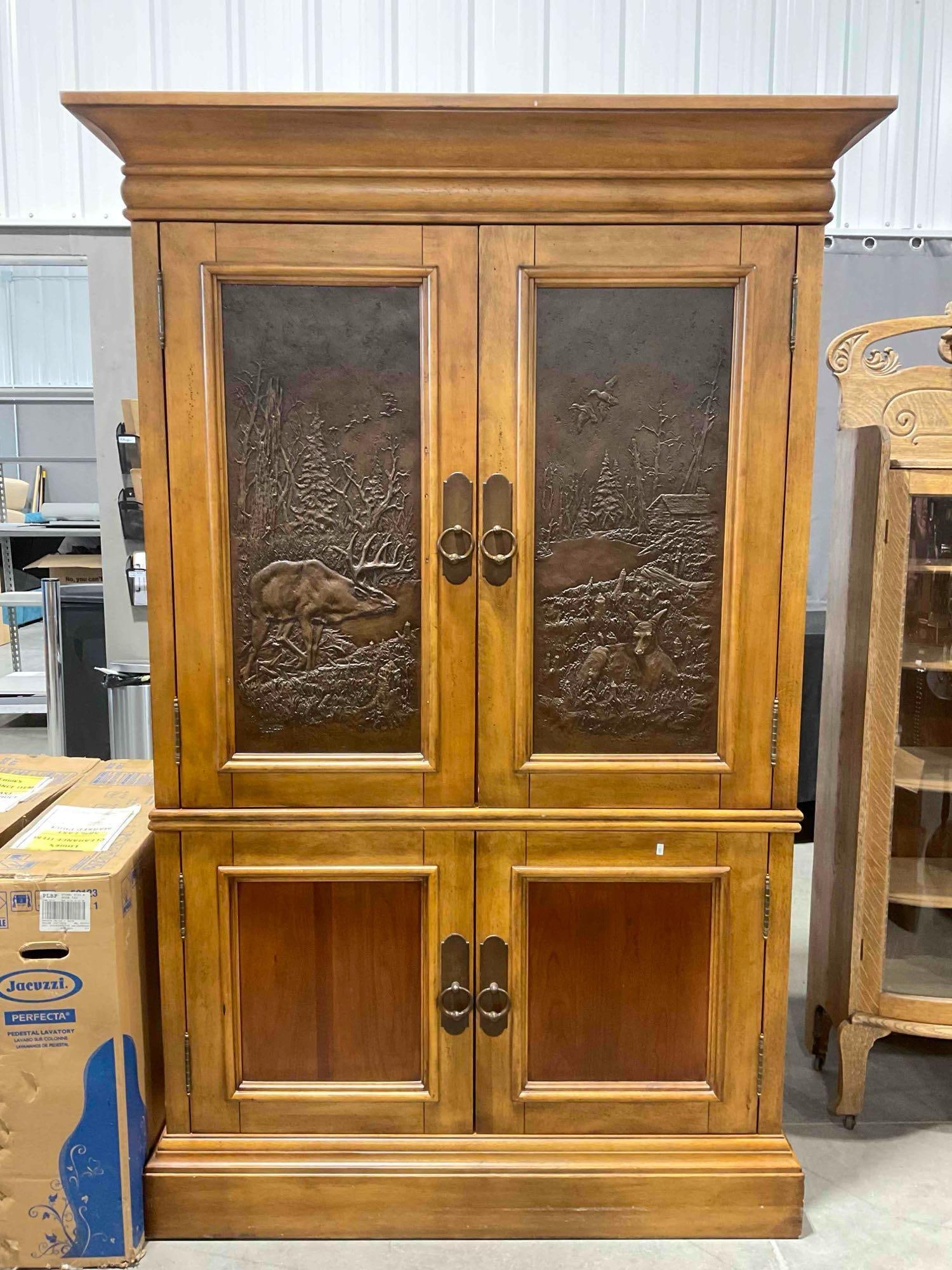 Klaussner "Dick Idol" Rustic Cherry? Wood Finish Armoire w/ Metal Nature Scene. Very Good Cond.: Klaussner "Dick Idol" Rustic Cherry? Wood Finish Armoire w/ Metal Nature Scene. Interesting two toned wood, looks to be cherry. Part of set with lots 61-65. Very Minor wear indicative of age and use,